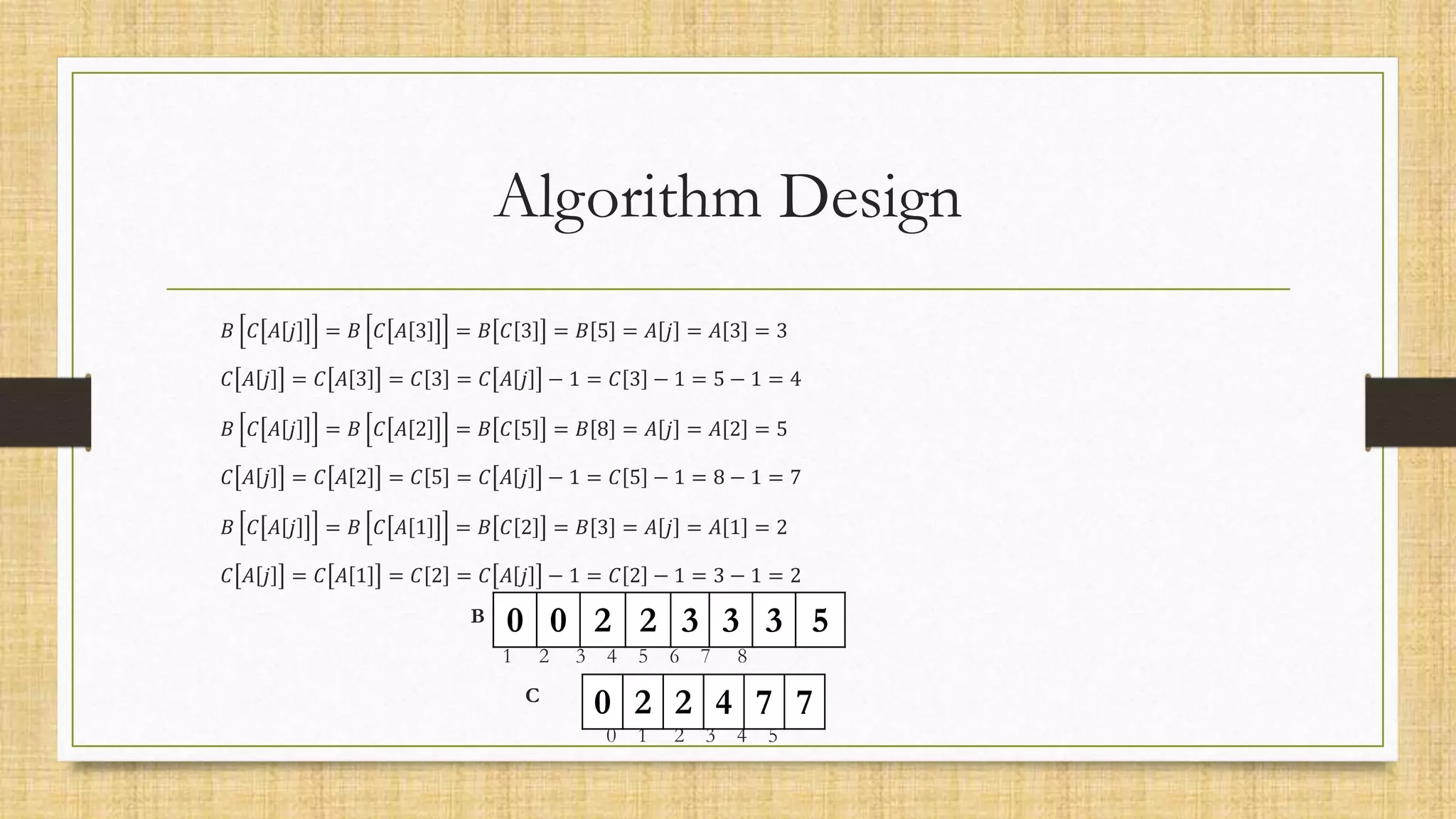 Algorithm Design
𝐵 𝐶 𝐴 𝑗 = 𝐵 𝐶 𝐴 3 = 𝐵 𝐶 3 = 𝐵 5 = 𝐴 𝑗 = 𝐴 3 = 3
𝐶 𝐴 𝑗 = 𝐶 𝐴 3 = 𝐶 3 = 𝐶 𝐴 𝑗 − 1 = 𝐶 3 − 1 = 5 − 1 = 4
𝐵 𝐶 𝐴 𝑗 = 𝐵 𝐶 𝐴 2 = 𝐵 𝐶 5 = 𝐵 8 = 𝐴 𝑗 = 𝐴 2 = 5
𝐶 𝐴 𝑗 = 𝐶 𝐴 2 = 𝐶 5 = 𝐶 𝐴 𝑗 − 1 = 𝐶 5 − 1 = 8 − 1 = 7
𝐵 𝐶 𝐴 𝑗 = 𝐵 𝐶 𝐴 1 = 𝐵 𝐶 2 = 𝐵 3 = 𝐴 𝑗 = 𝐴 1 = 2
𝐶 𝐴 𝑗 = 𝐶 𝐴 1 = 𝐶 2 = 𝐶 𝐴 𝑗 − 1 = 𝐶 2 − 1 = 3 − 1 = 2
B
1 2 3 4 5 6 7 8
C
0 1 2 3 4 5
0 0 2 2 3 3 3 5
0 2 2 4 7 7
 