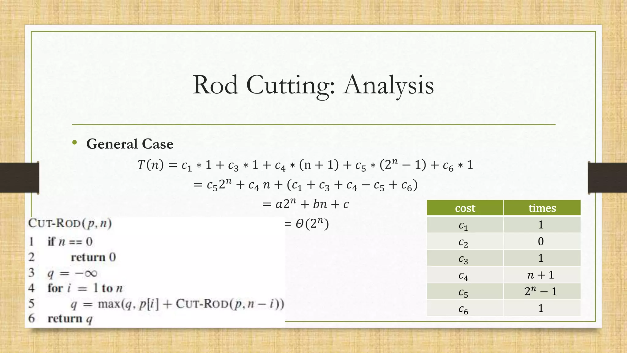 Rod Cutting: Analysis
• General Case
𝑇 𝑛 = 𝑐1 ∗ 1 + 𝑐3 ∗ 1 + 𝑐4 ∗ n + 1 + 𝑐5 ∗ 2𝑛 − 1 + 𝑐6 ∗ 1
= 𝑐52𝑛 + 𝑐4 𝑛 + (𝑐1 + 𝑐3 + 𝑐4 − 𝑐5 + 𝑐6)
= 𝑎2𝑛
+ 𝑏𝑛 + 𝑐
= 𝛩(2𝑛)
cost times
𝑐1 1
𝑐2 0
𝑐3 1
𝑐4 𝑛 + 1
𝑐5 2𝑛
− 1
𝑐6 1
 