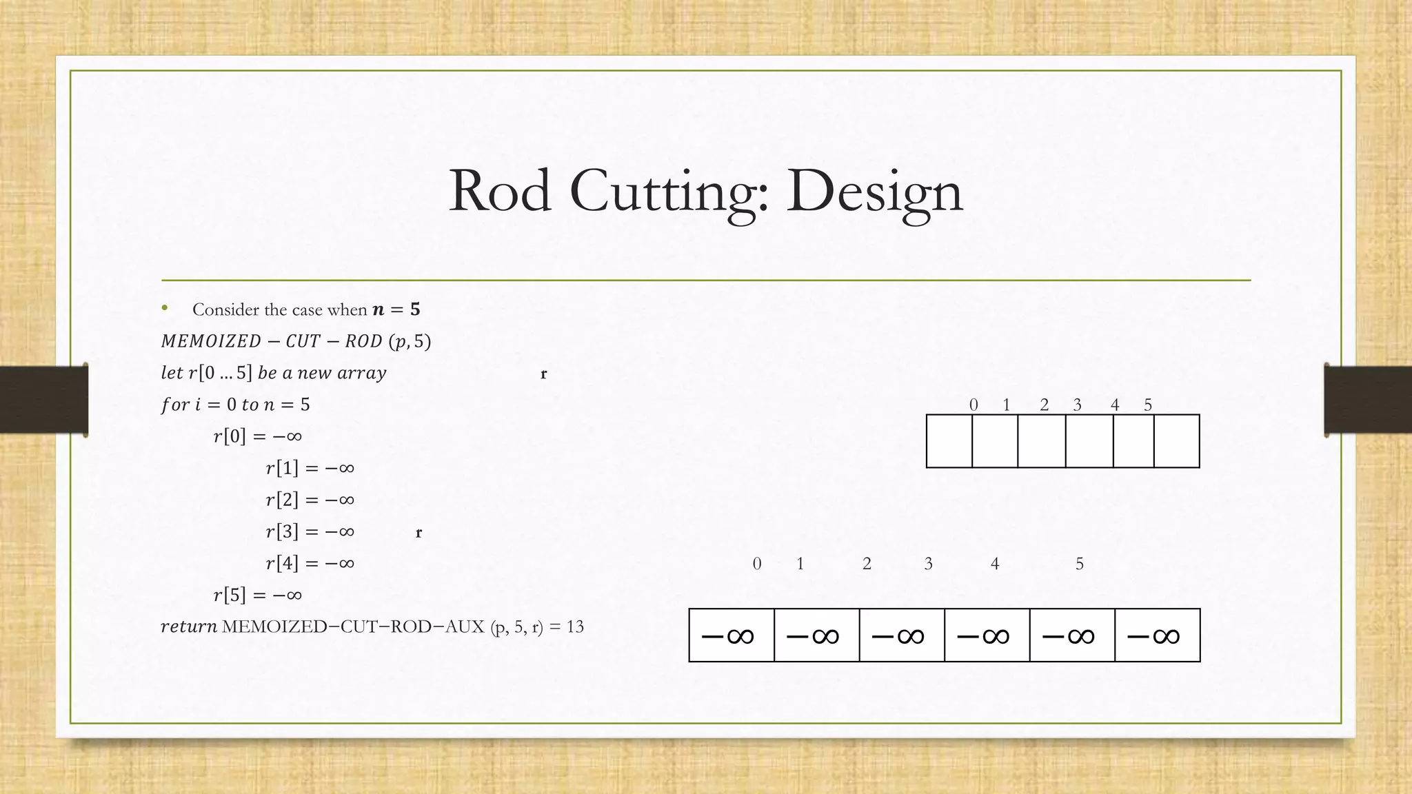 Rod Cutting: Design
• Consider the case when 𝒏 = 𝟓
𝑀𝐸𝑀𝑂𝐼𝑍𝐸𝐷 − 𝐶𝑈𝑇 − 𝑅𝑂𝐷 (𝑝, 5)
𝑙𝑒𝑡 𝑟 0 … 5 𝑏𝑒 𝑎 𝑛𝑒𝑤 𝑎𝑟𝑟𝑎𝑦 r
𝑓𝑜𝑟 𝑖 = 0 𝑡𝑜 𝑛 = 5 0 1 2 3 4 5
𝑟 0 = −∞
𝑟 1 = −∞
𝑟 2 = −∞
𝑟 3 = −∞ r
𝑟 4 = −∞ 0 1 2 3 4 5
𝑟 5 = −∞
𝑟𝑒𝑡𝑢𝑟𝑛 MEMOIZED−CUT−ROD−AUX (p, 5, r) = 13
−∞ −∞ −∞ −∞ −∞ −∞
 