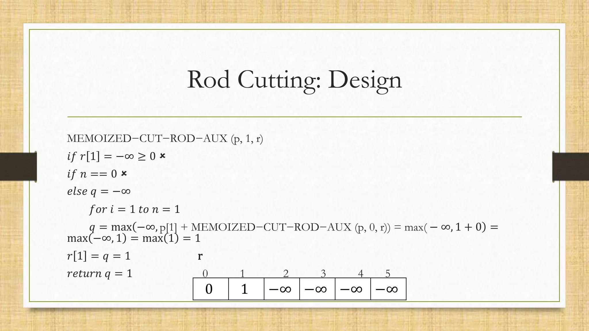0 1 −∞ −∞ −∞ −∞
Rod Cutting: Design
MEMOIZED−CUT−ROD−AUX (p, 1, r)
𝑖𝑓 𝑟 1 = −∞ ≥ 0 
𝑖𝑓 𝑛 == 0 
𝑒𝑙𝑠𝑒 𝑞 = −∞
𝑓𝑜𝑟 𝑖 = 1 𝑡𝑜 𝑛 = 1
𝑞 = max −∞, p[1] + MEMOIZED−CUT−ROD−AUX (p, 0, r)) = max( − ∞, 1 + 0 =
max −∞, 1 = max 1 = 1
𝑟 1 = 𝑞 = 1 r
𝑟𝑒𝑡𝑢𝑟𝑛 𝑞 = 1 0 1 2 3 4 5
 