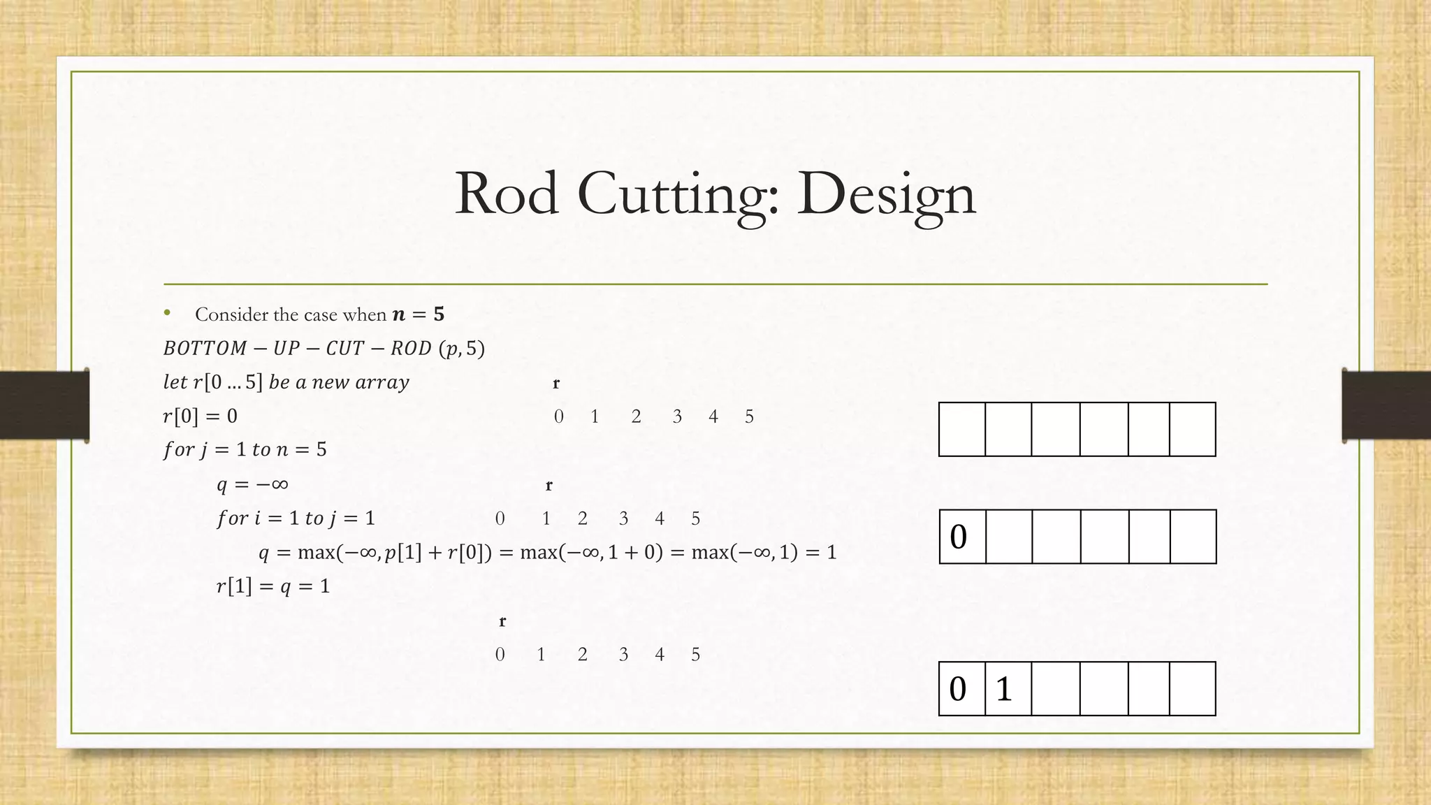 Rod Cutting: Design
• Consider the case when 𝒏 = 𝟓
𝐵𝑂𝑇𝑇𝑂𝑀 − 𝑈𝑃 − 𝐶𝑈𝑇 − 𝑅𝑂𝐷 (𝑝, 5)
𝑙𝑒𝑡 𝑟 0 … 5 𝑏𝑒 𝑎 𝑛𝑒𝑤 𝑎𝑟𝑟𝑎𝑦 r
𝑟[0] = 0 0 1 2 3 4 5
𝑓𝑜𝑟 𝑗 = 1 𝑡𝑜 𝑛 = 5
𝑞 = −∞ r
𝑓𝑜𝑟 𝑖 = 1 𝑡𝑜 𝑗 = 1 0 1 2 3 4 5
𝑞 = max(−∞, 𝑝 1 + 𝑟[0]) = max −∞, 1 + 0 = max −∞, 1 = 1
𝑟 1 = 𝑞 = 1
r
0 1 2 3 4 5
0
0 1
 