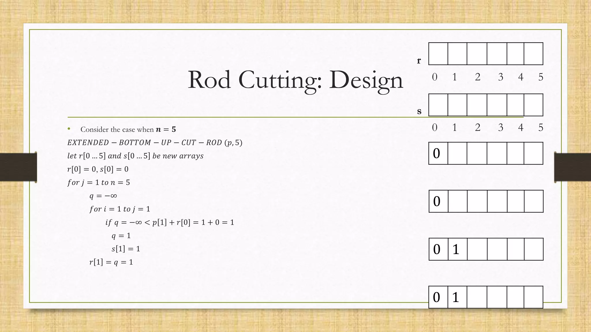 Rod Cutting: Design
• Consider the case when 𝒏 = 𝟓
𝐸𝑋𝑇𝐸𝑁𝐷𝐸𝐷 − 𝐵𝑂𝑇𝑇𝑂𝑀 − 𝑈𝑃 − 𝐶𝑈𝑇 − 𝑅𝑂𝐷 (𝑝, 5)
𝑙𝑒𝑡 𝑟 0 … 5 𝑎𝑛𝑑 𝑠 0 … 5 𝑏𝑒 𝑛𝑒𝑤 𝑎𝑟𝑟𝑎𝑦𝑠
𝑟[0] = 0, 𝑠[0] = 0
𝑓𝑜𝑟 𝑗 = 1 𝑡𝑜 𝑛 = 5
𝑞 = −∞
𝑓𝑜𝑟 𝑖 = 1 𝑡𝑜 𝑗 = 1
𝑖𝑓 𝑞 = −∞ < 𝑝 1 + 𝑟[0] = 1 + 0 = 1
𝑞 = 1
𝑠 1 = 1
𝑟 1 = 𝑞 = 1
0
0 1
0
0 1
r
0 1 2 3 4 5
s
0 1 2 3 4 5
 