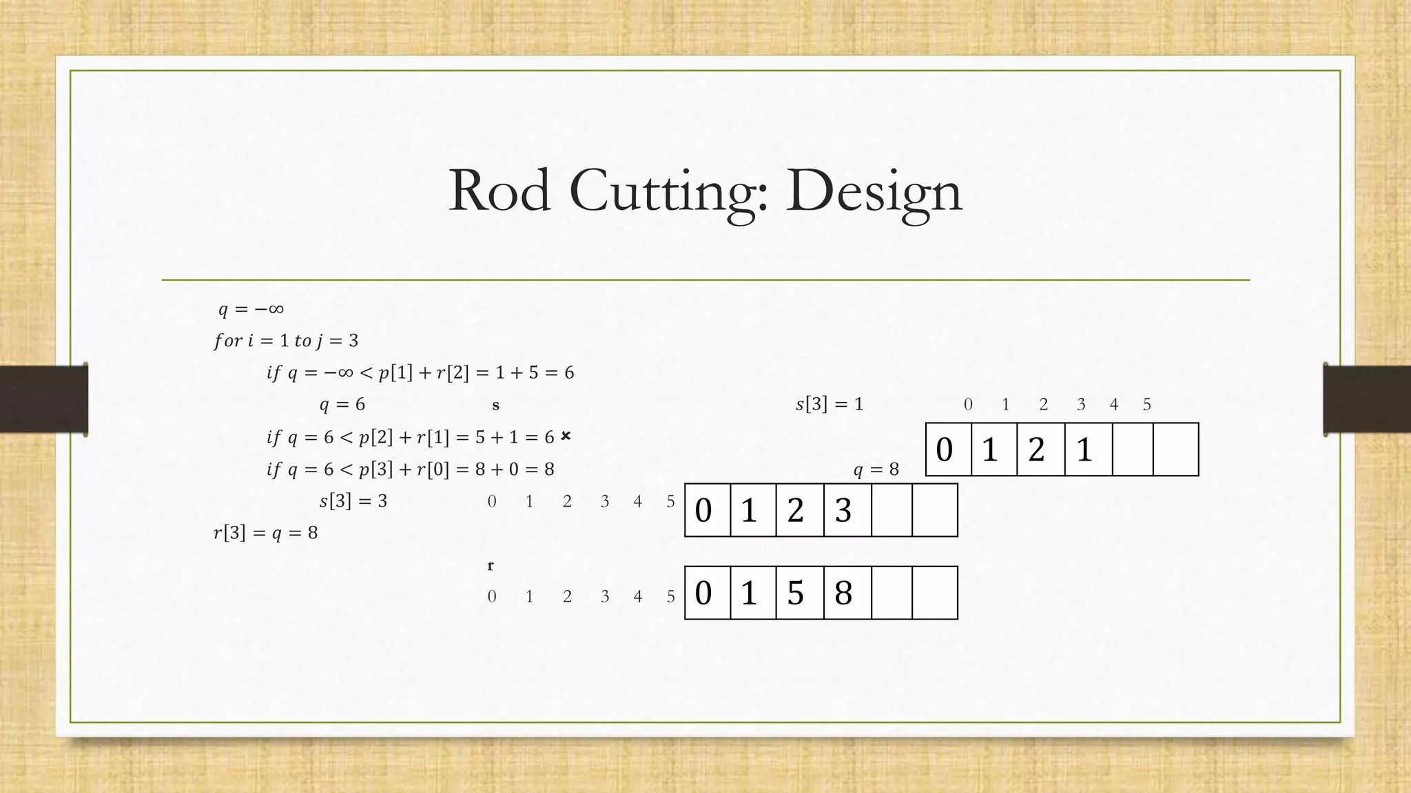 Rod Cutting: Design
𝑞 = −∞
𝑓𝑜𝑟 𝑖 = 1 𝑡𝑜 𝑗 = 3
𝑖𝑓 𝑞 = −∞ < 𝑝 1 + 𝑟[2] = 1 + 5 = 6
𝑞 = 6 s 𝑠 3 = 1 0 1 2 3 4 5
𝑖𝑓 𝑞 = 6 < 𝑝 2 + 𝑟[1] = 5 + 1 = 6 
𝑖𝑓 𝑞 = 6 < 𝑝 3 + 𝑟[0] = 8 + 0 = 8 𝑞 = 8 s
𝑠 3 = 3 0 1 2 3 4 5
𝑟 3 = 𝑞 = 8
r
0 1 2 3 4 5 0 1 5 8
0 1 2 1
0 1 2 3
 