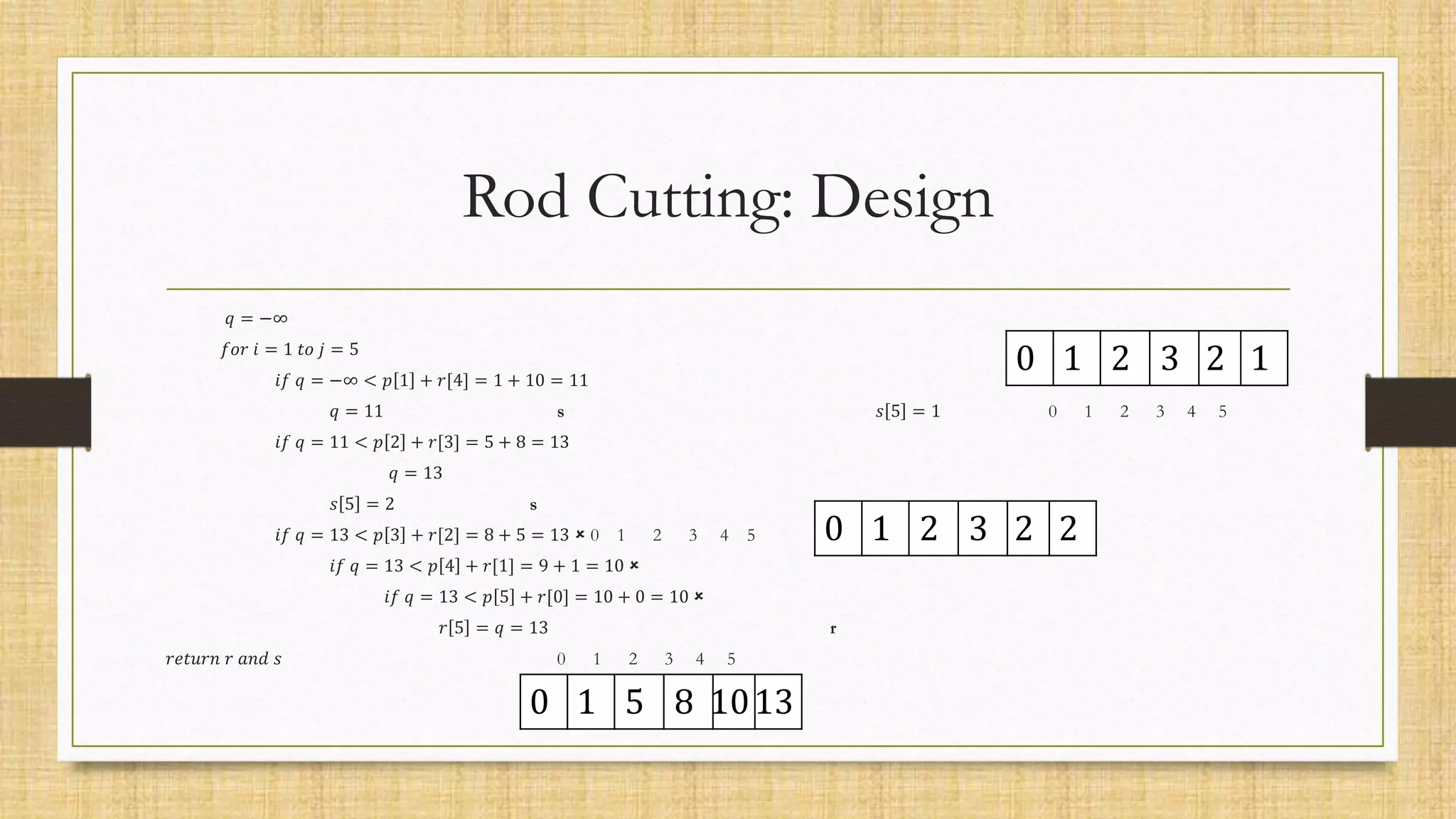 Rod Cutting: Design
𝑞 = −∞
𝑓𝑜𝑟 𝑖 = 1 𝑡𝑜 𝑗 = 5
𝑖𝑓 𝑞 = −∞ < 𝑝 1 + 𝑟[4] = 1 + 10 = 11
𝑞 = 11 s 𝑠 5 = 1 0 1 2 3 4 5
𝑖𝑓 𝑞 = 11 < 𝑝 2 + 𝑟[3] = 5 + 8 = 13
𝑞 = 13
𝑠 5 = 2 s
𝑖𝑓 𝑞 = 13 < 𝑝 3 + 𝑟[2] = 8 + 5 = 13  0 1 2 3 4 5
𝑖𝑓 𝑞 = 13 < 𝑝 4 + 𝑟[1] = 9 + 1 = 10 
𝑖𝑓 𝑞 = 13 < 𝑝 5 + 𝑟[0] = 10 + 0 = 10 
𝑟 5 = 𝑞 = 13 r
𝑟𝑒𝑡𝑢𝑟𝑛 𝑟 𝑎𝑛𝑑 𝑠 0 1 2 3 4 5
0 1 5 8 1013
0 1 2 3 2 1
0 1 2 3 2 2
 