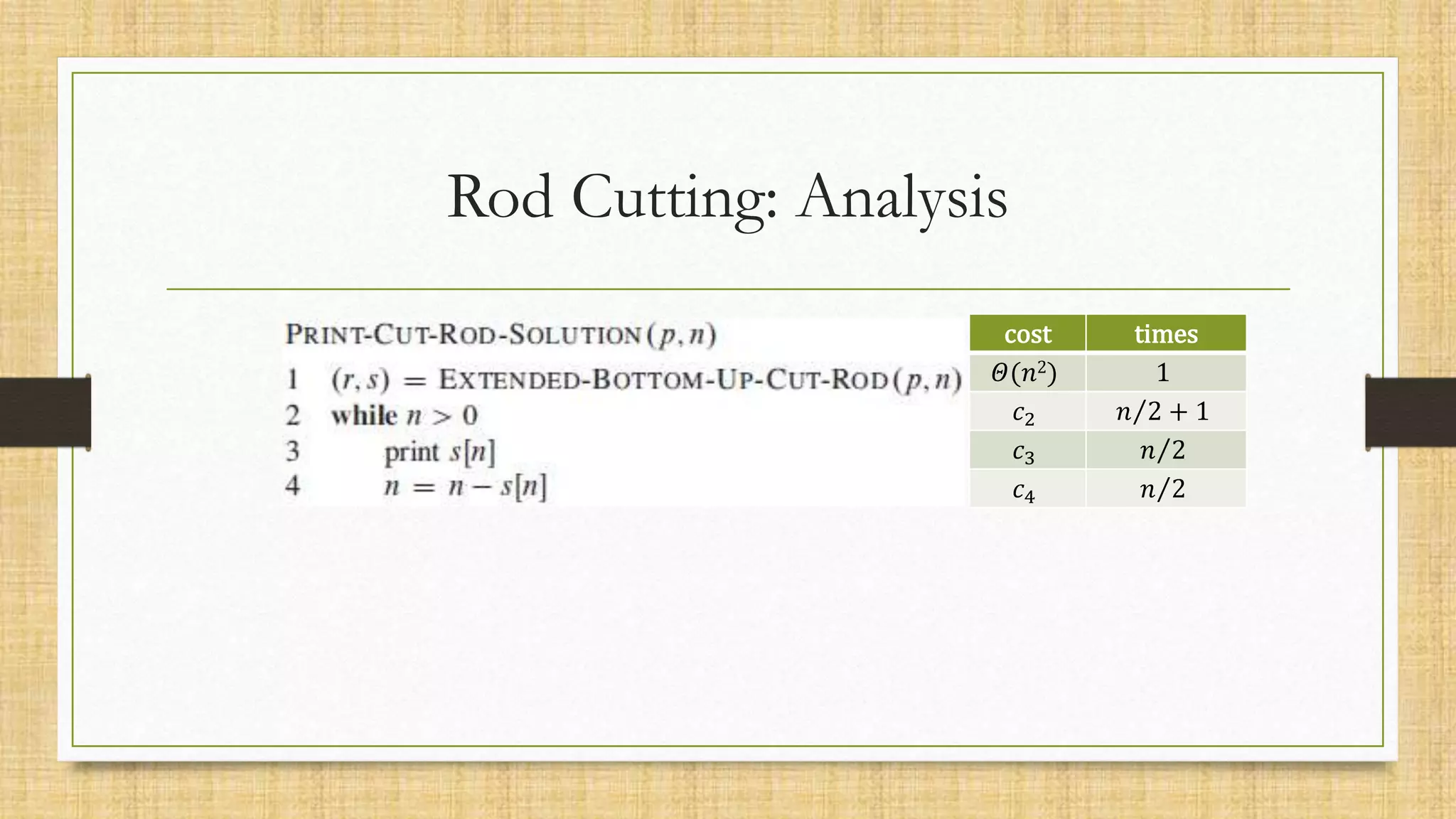 Rod Cutting: Analysis
cost times
𝛩(𝑛2) 1
𝑐2 𝑛 2 + 1
𝑐3 𝑛 2
𝑐4 𝑛 2
 