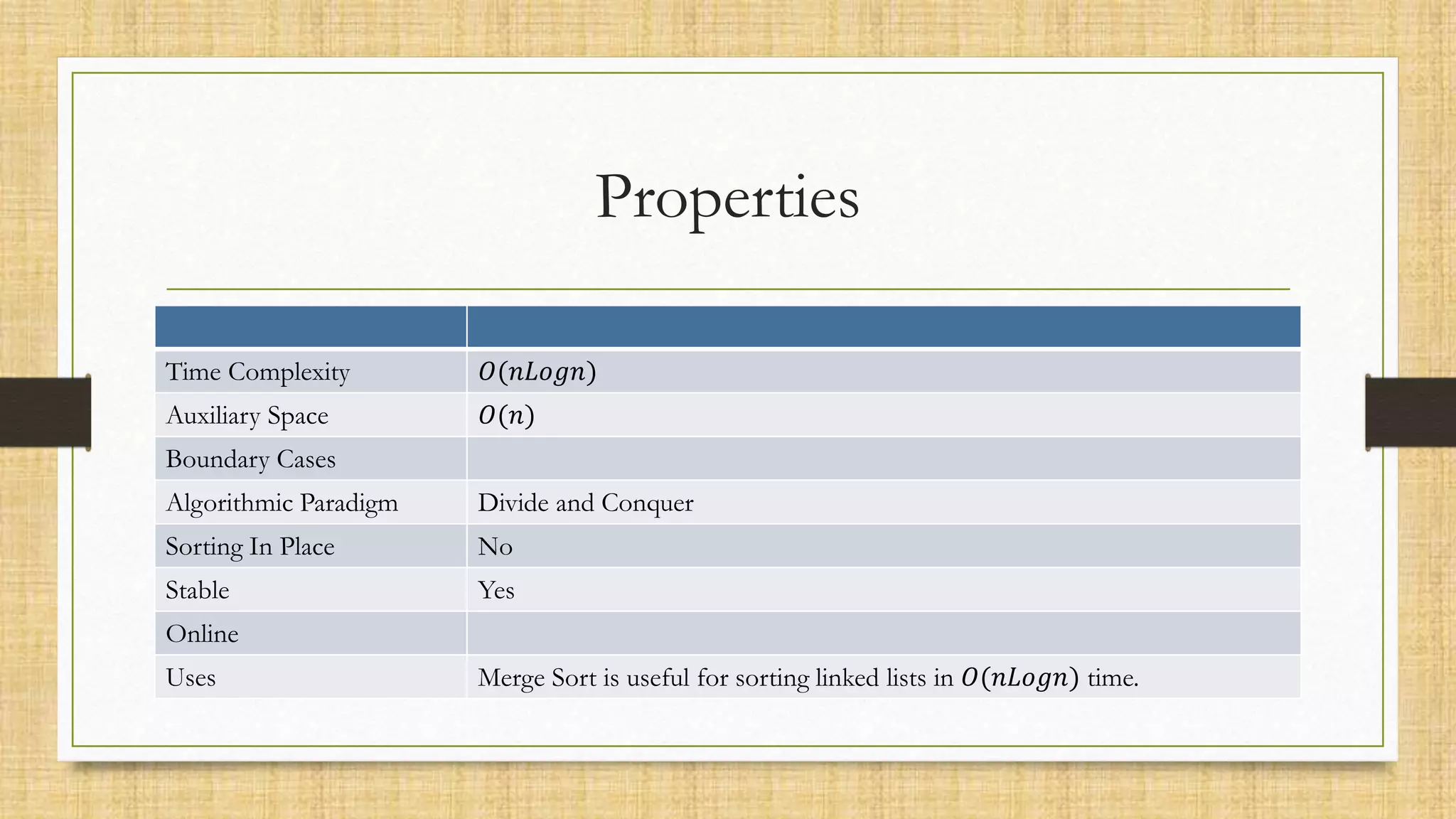 Properties
Time Complexity 𝑂(𝑛𝐿𝑜𝑔𝑛)
Auxiliary Space 𝑂(𝑛)
Boundary Cases
Algorithmic Paradigm Divide and Conquer
Sorting In Place No
Stable Yes
Online
Uses Merge Sort is useful for sorting linked lists in 𝑂(𝑛𝐿𝑜𝑔𝑛) time.
 