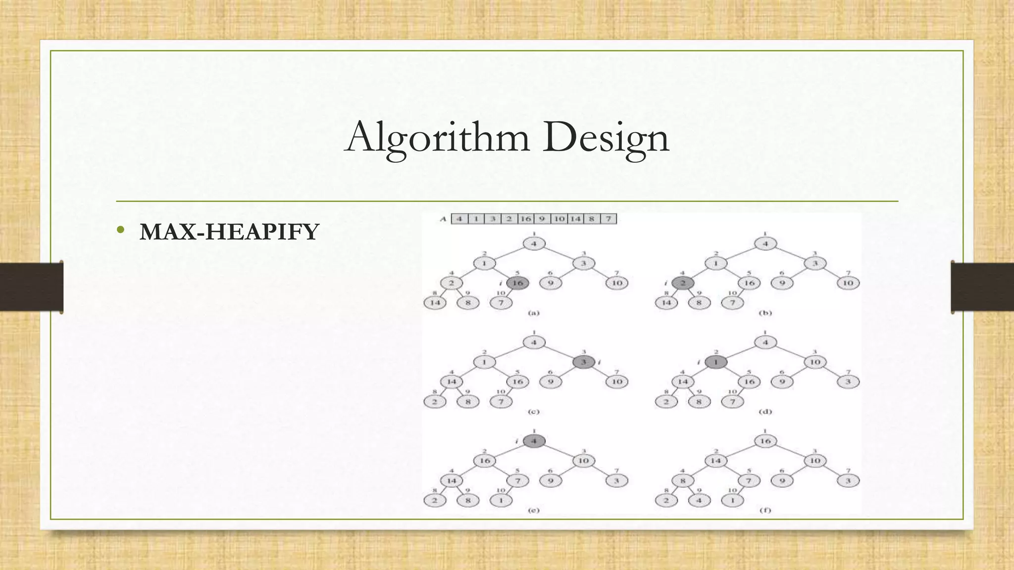 Algorithm Design
• MAX-HEAPIFY
 