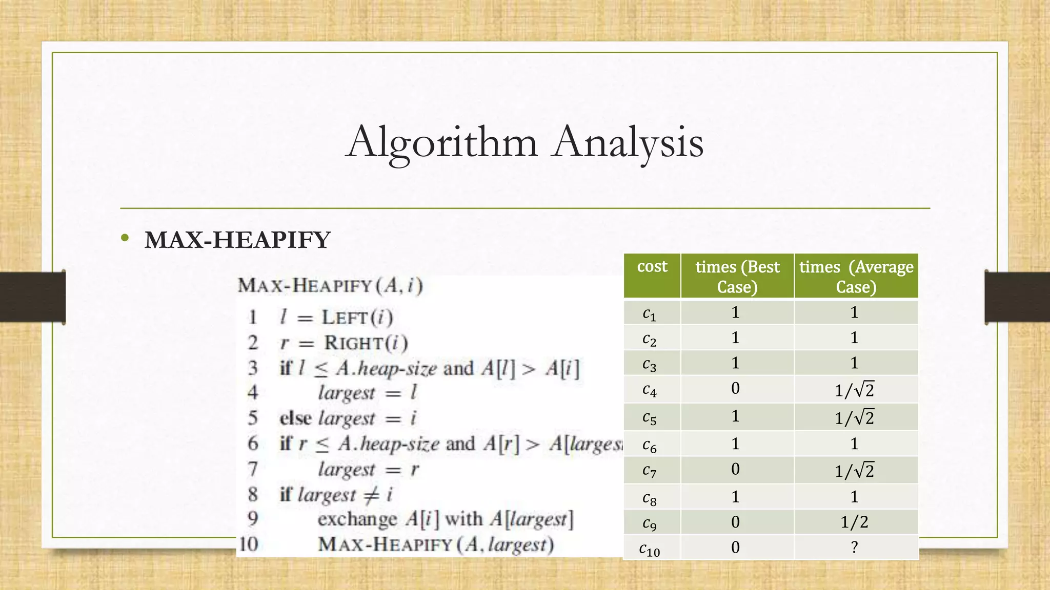 Algorithm Analysis
• MAX-HEAPIFY
cost times (Best
Case)
times (Average
Case)
𝑐1 1 1
𝑐2 1 1
𝑐3 1 1
𝑐4 0 1 2
𝑐5 1 1 2
𝑐6 1 1
𝑐7 0 1 2
𝑐8 1 1
𝑐9 0 1 2
𝑐10 0 ?
 