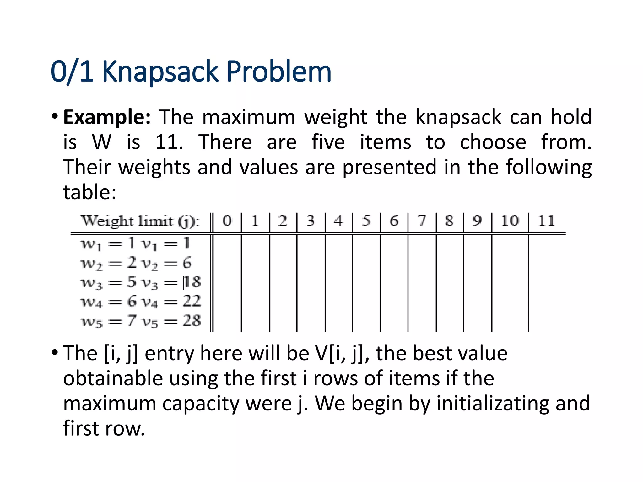 0/1 Knapsack Problem
• Example: The maximum weight the knapsack can hold
is W is 11. There are five items to choose from.
Their weights and values are presented in the following
table:
• The [i, j] entry here will be V[i, j], the best value
obtainable using the first i rows of items if the
maximum capacity were j. We begin by initializating and
first row.
 