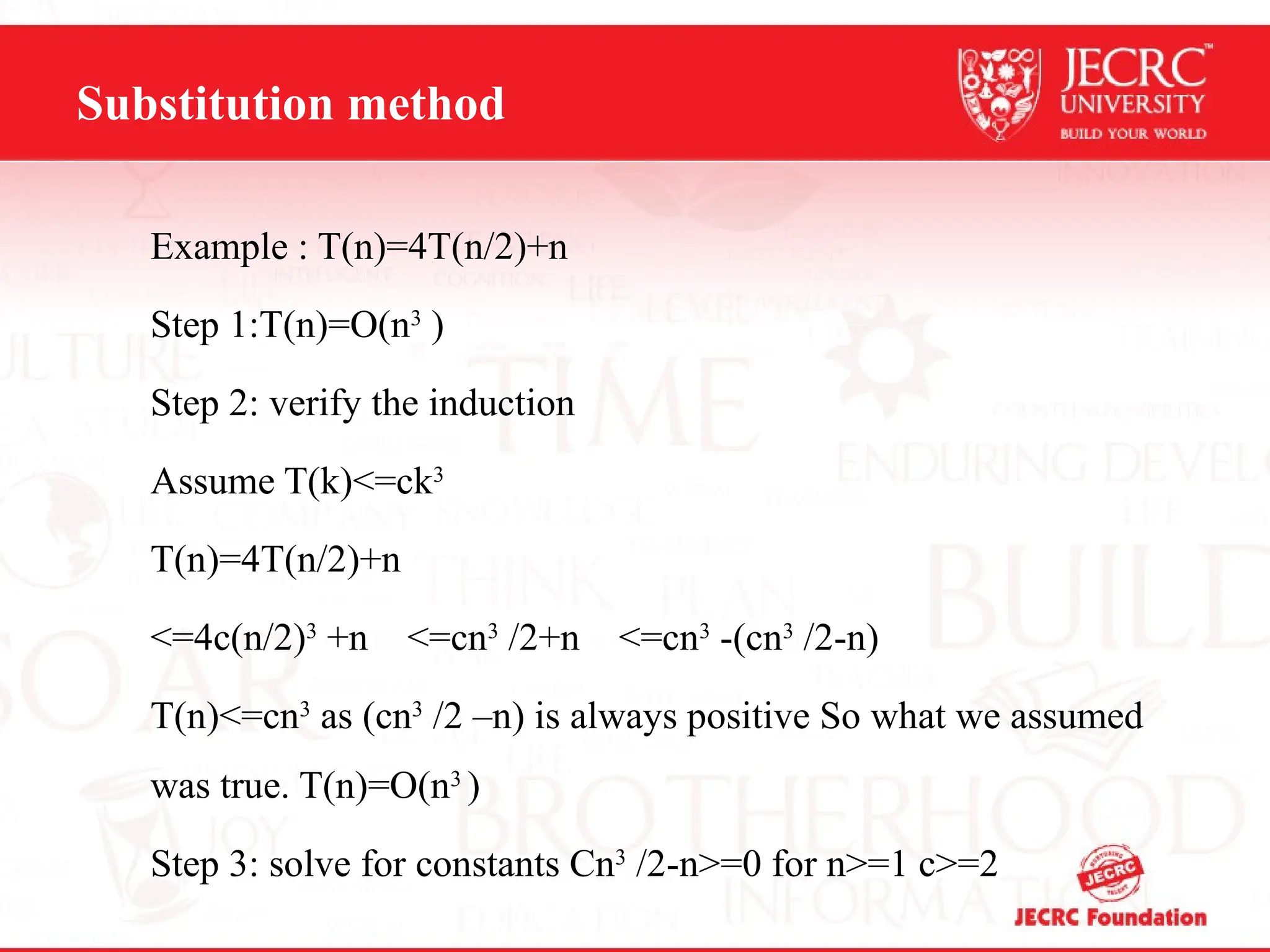 Substitution method
Example : T(n)=4T(n/2)+n
Step 1:T(n)=O(n3
)
Step 2: verify the induction
Assume T(k)<=ck3
T(n)=4T(n/2)+n
<=4c(n/2)3
+n <=cn3
/2+n <=cn3
-(cn3
/2-n)
T(n)<=cn3
as (cn3
/2 –n) is always positive So what we assumed
was true. T(n)=O(n3
)
Step 3: solve for constants Cn3
/2-n>=0 for n>=1 c>=2
 