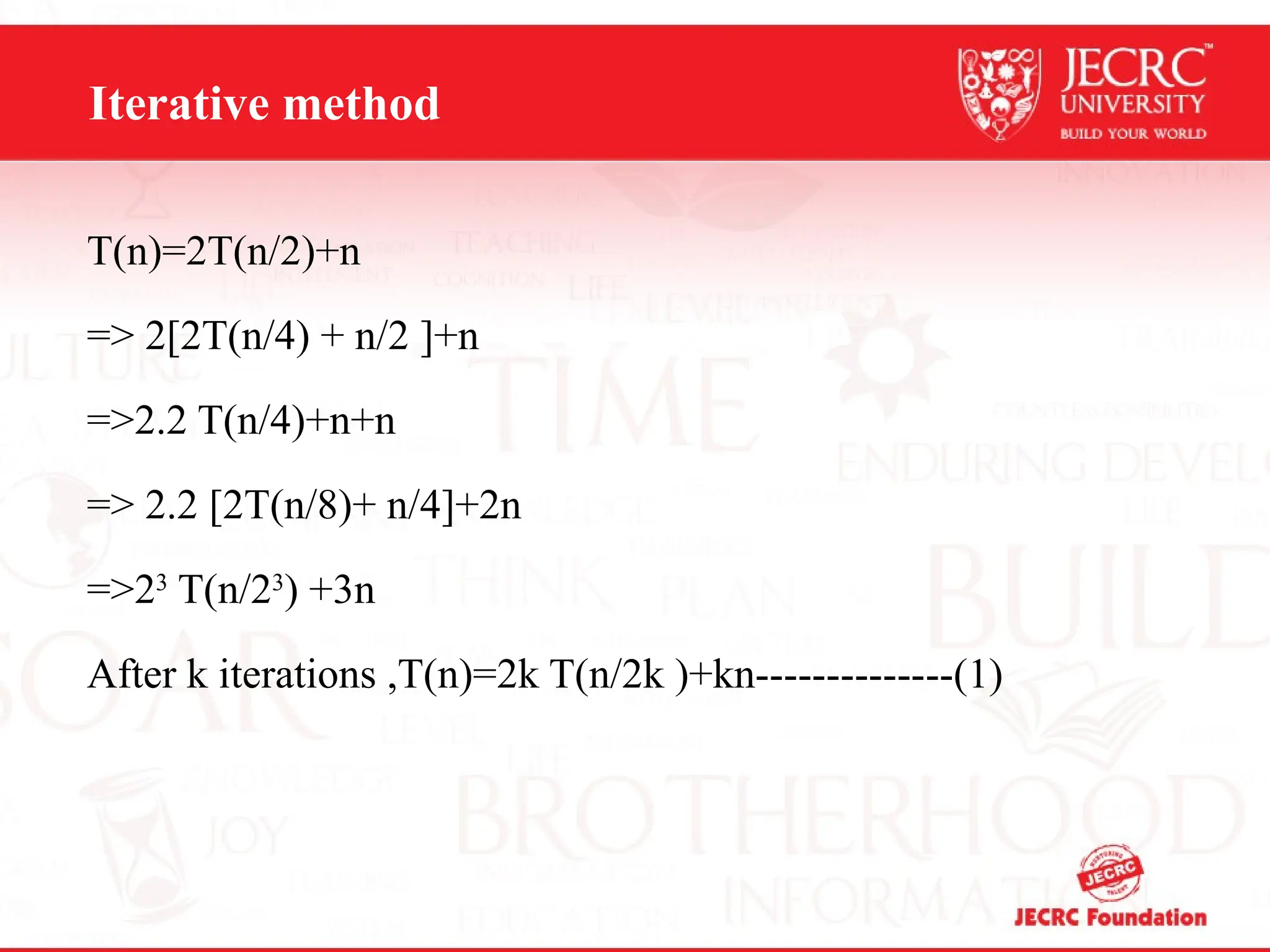 Iterative method
T(n)=2T(n/2)+n
=> 2[2T(n/4) + n/2 ]+n
=>2.2 T(n/4)+n+n
=> 2.2 [2T(n/8)+ n/4]+2n
=>23
T(n/23
) +3n
After k iterations ,T(n)=2k T(n/2k )+kn--------------(1)
 