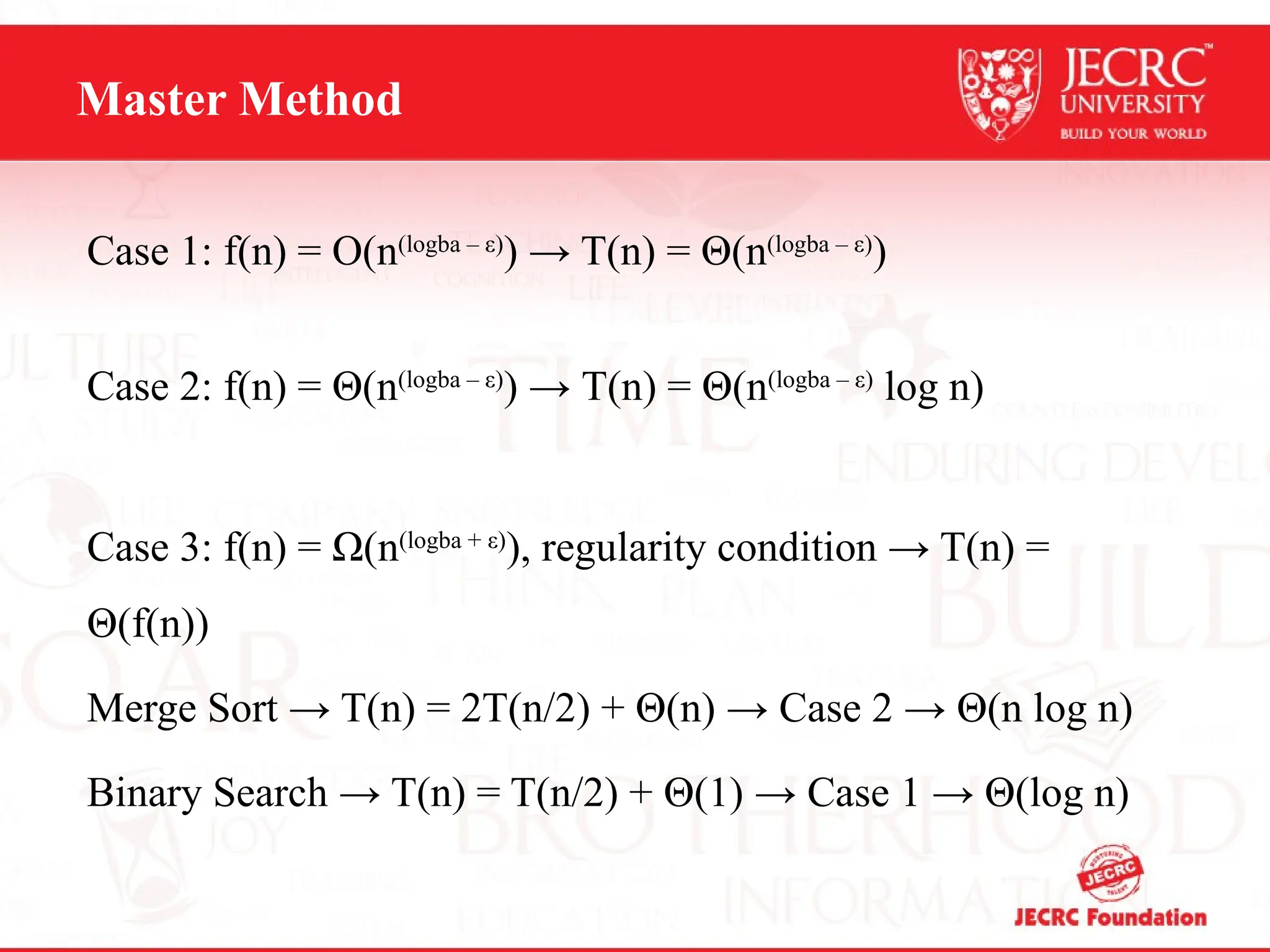 Master Method
Case 1: f(n) = O(n(logba – ε)
) → T(n) = Θ(n(logba – ε)
)
Case 2: f(n) = Θ(n(logba – ε)
) → T(n) = Θ(n(logba – ε)
log n)
Case 3: f(n) = Ω(n(logba + ε)
), regularity condition → T(n) =
Θ(f(n))
Merge Sort → T(n) = 2T(n/2) + Θ(n) → Case 2 → Θ(n log n)
Binary Search → T(n) = T(n/2) + Θ(1) → Case 1 → Θ(log n)
 