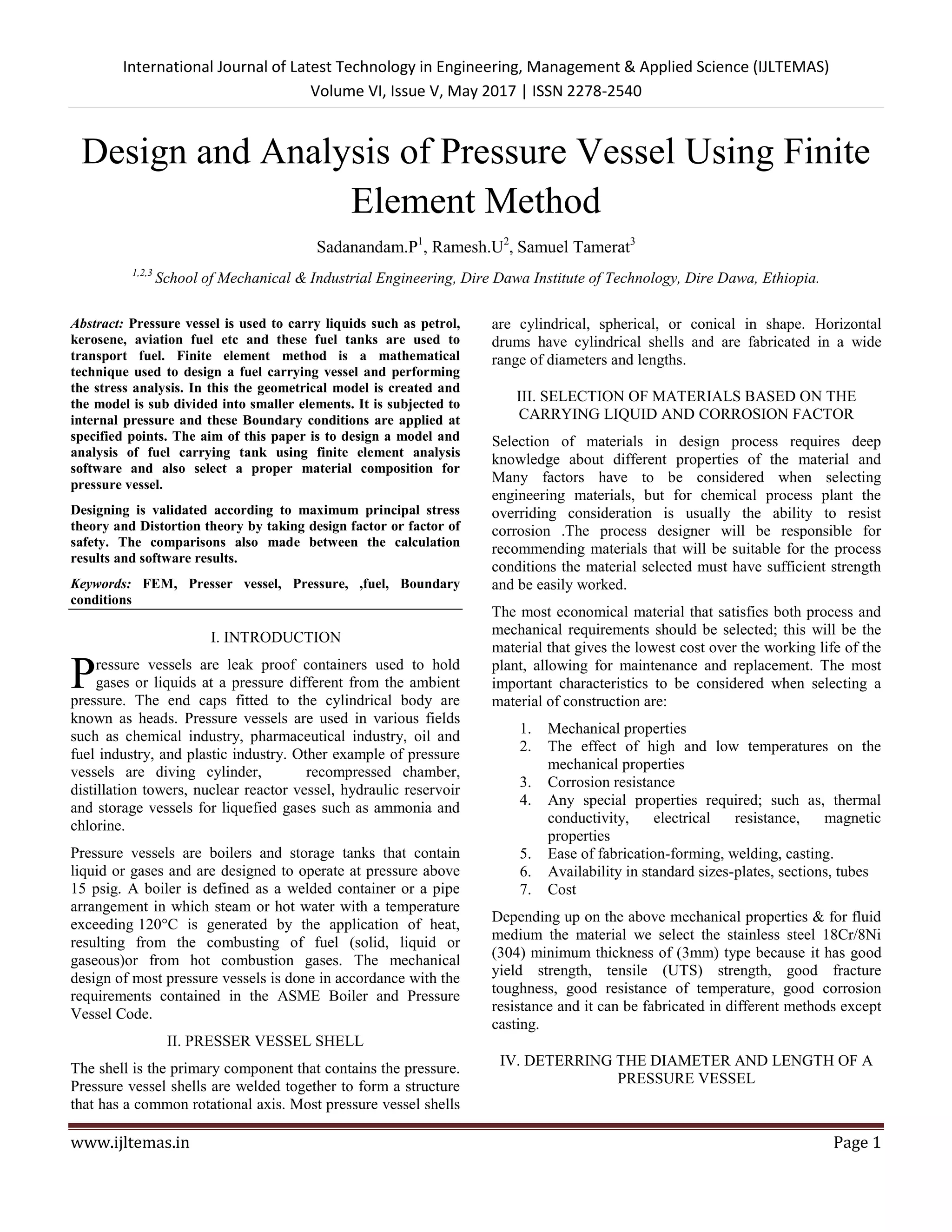 Design and Analysis of Pressure Vessel Using Finite Element Method | PDF