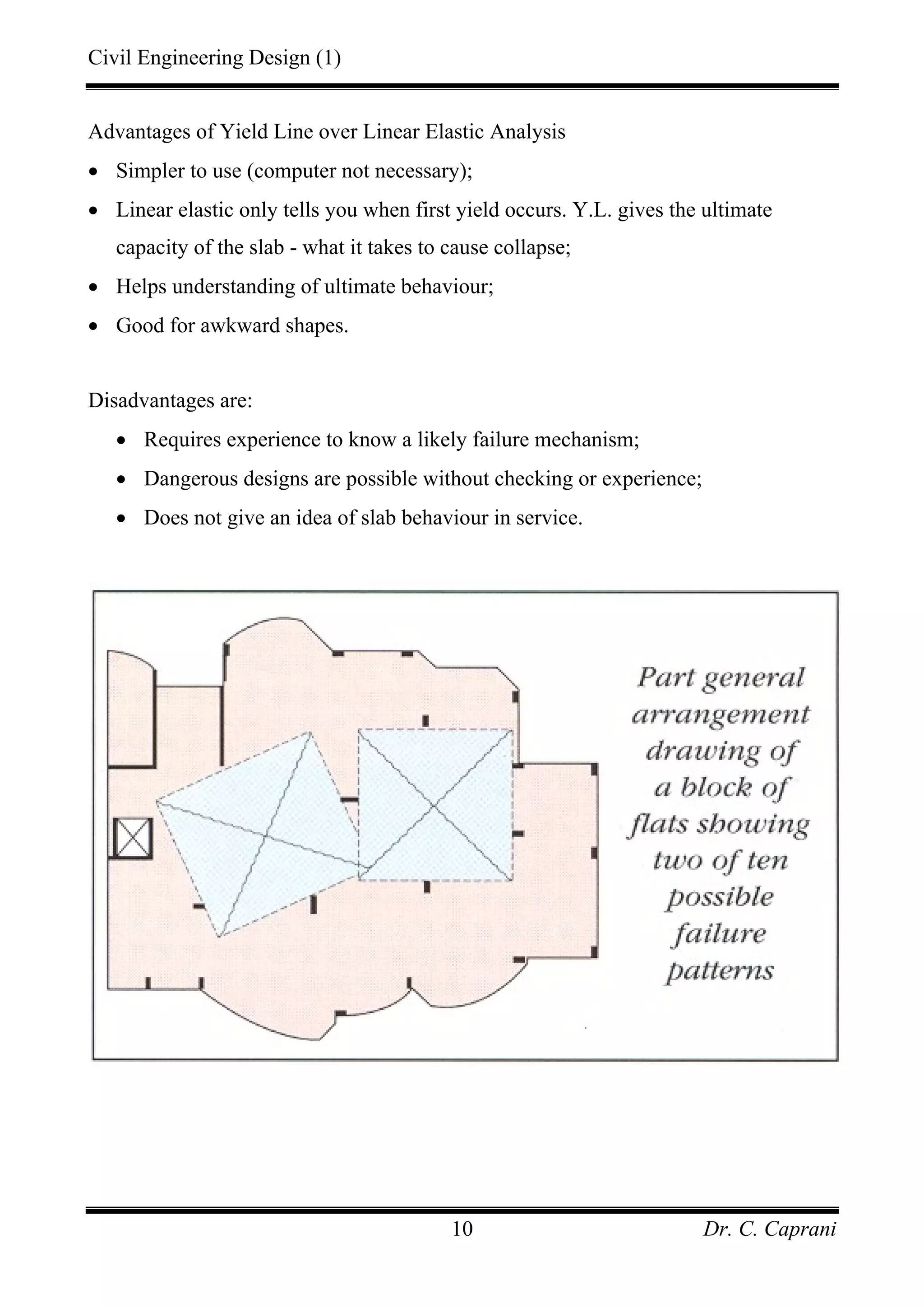 Civil Engineering Design (1)
Dr. C. Caprani10
Advantages of Yield Line over Linear Elastic Analysis
• Simpler to use (computer not necessary);
• Linear elastic only tells you when first yield occurs. Y.L. gives the ultimate
capacity of the slab - what it takes to cause collapse;
• Helps understanding of ultimate behaviour;
• Good for awkward shapes.
Disadvantages are:
• Requires experience to know a likely failure mechanism;
• Dangerous designs are possible without checking or experience;
• Does not give an idea of slab behaviour in service.
 