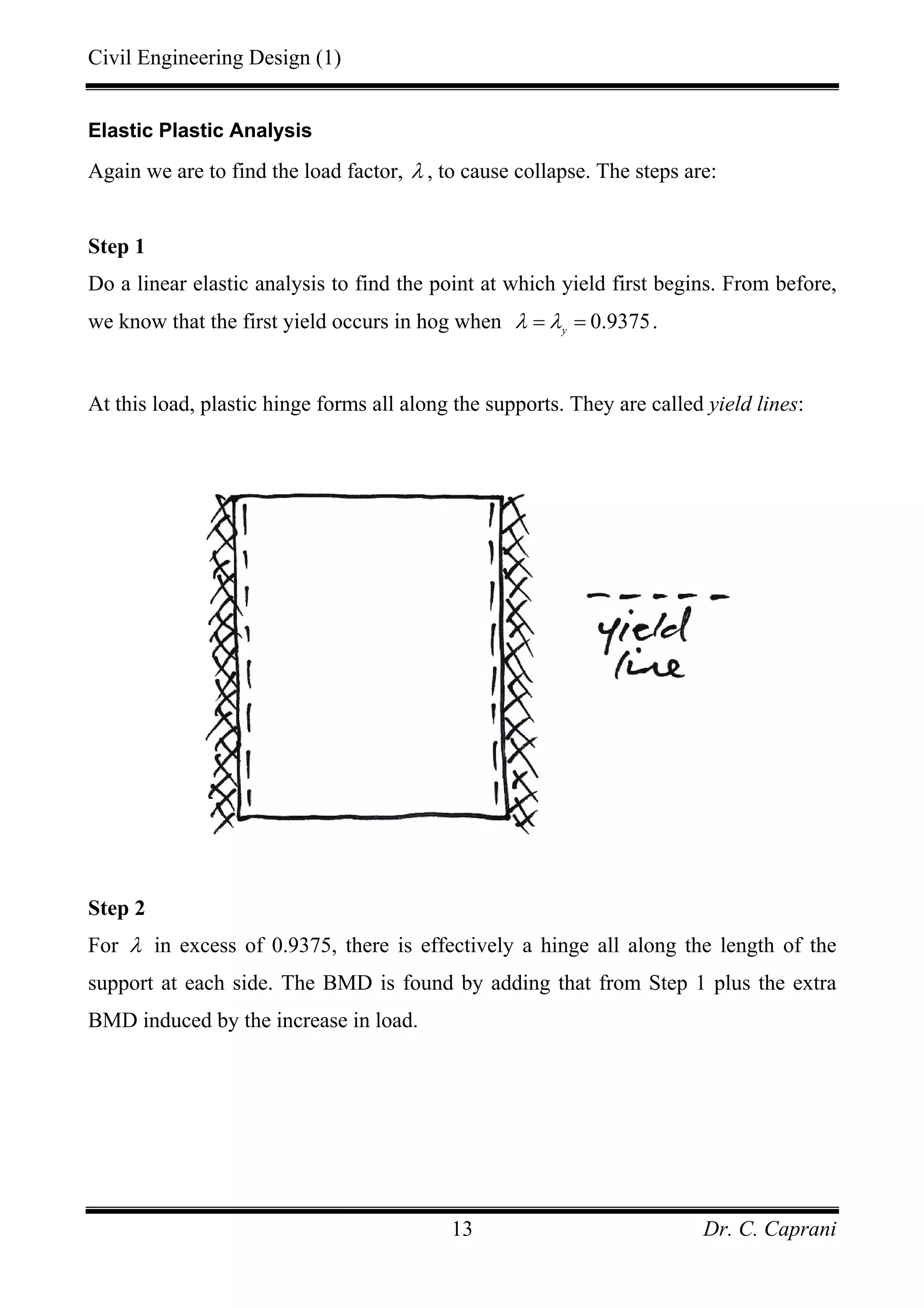 Civil Engineering Design (1)
Dr. C. Caprani13
Elastic Plastic Analysis
Again we are to find the load factor, λ , to cause collapse. The steps are:
Step 1
Do a linear elastic analysis to find the point at which yield first begins. From before,
we know that the first yield occurs in hog when 0.9375y
λ λ= = .
At this load, plastic hinge forms all along the supports. They are called yield lines:
Step 2
For λ in excess of 0.9375, there is effectively a hinge all along the length of the
support at each side. The BMD is found by adding that from Step 1 plus the extra
BMD induced by the increase in load.
 