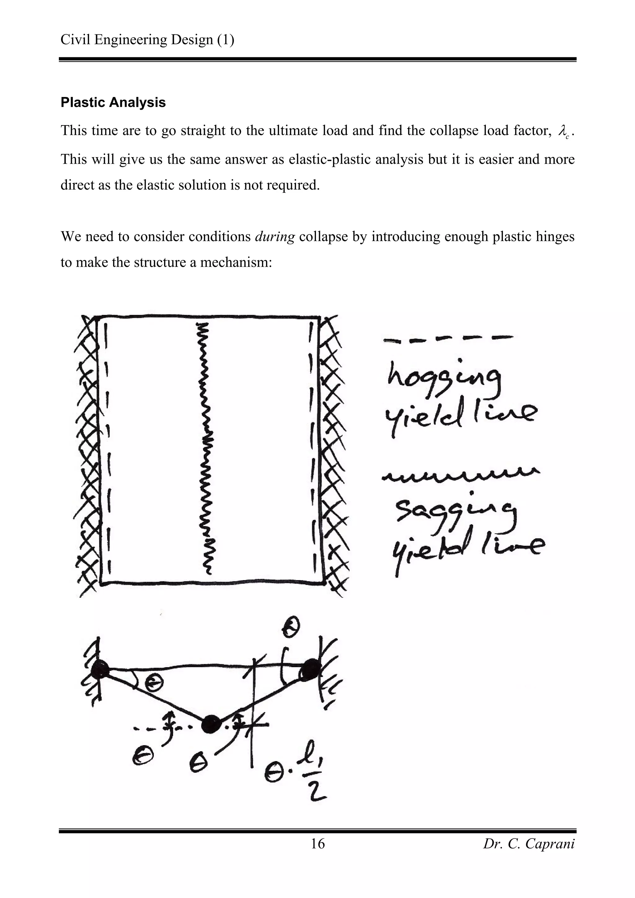 Civil Engineering Design (1)
Dr. C. Caprani16
Plastic Analysis
This time are to go straight to the ultimate load and find the collapse load factor, c
λ .
This will give us the same answer as elastic-plastic analysis but it is easier and more
direct as the elastic solution is not required.
We need to consider conditions during collapse by introducing enough plastic hinges
to make the structure a mechanism:
 