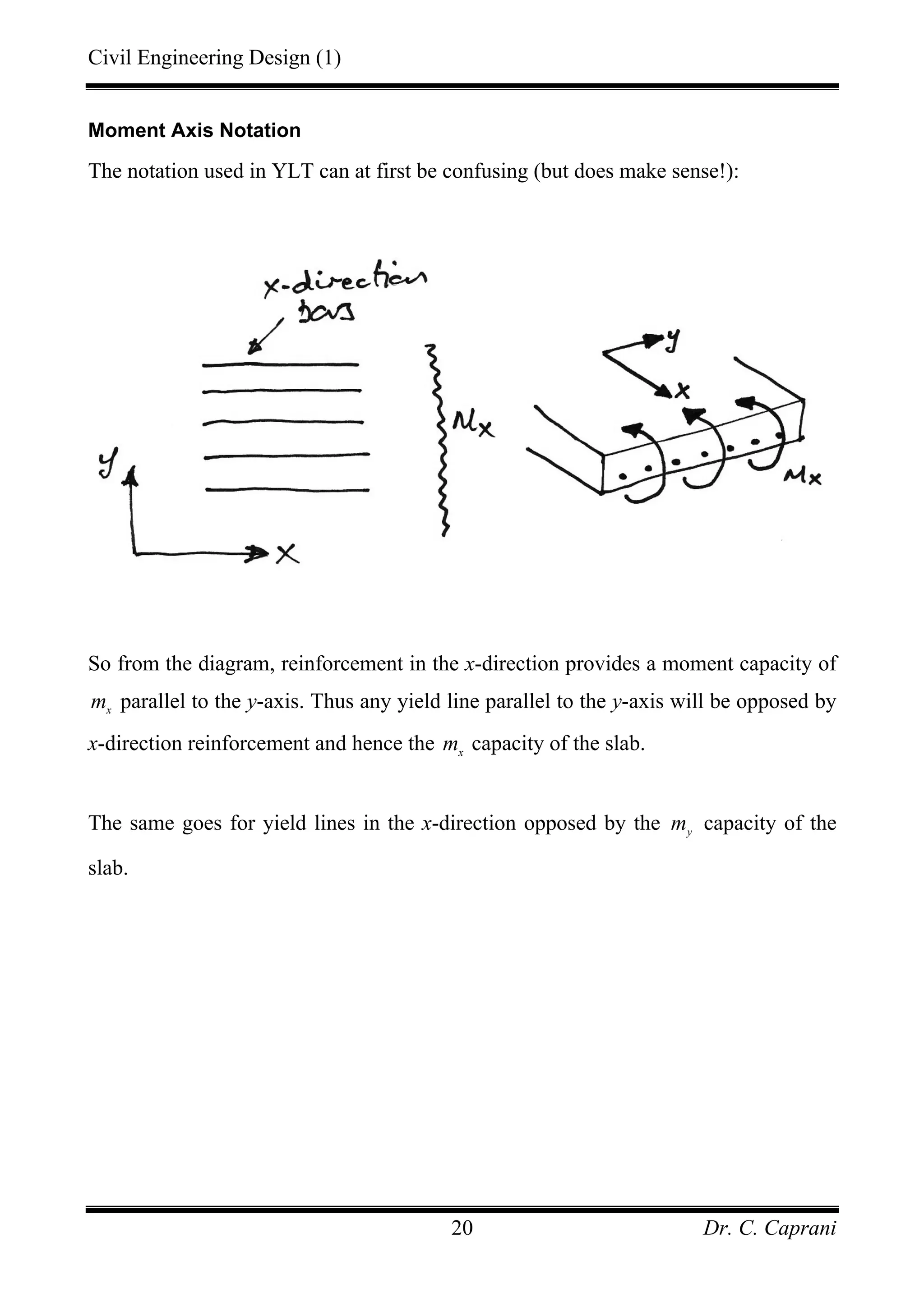 Civil Engineering Design (1)
Dr. C. Caprani20
Moment Axis Notation
The notation used in YLT can at first be confusing (but does make sense!):
So from the diagram, reinforcement in the x-direction provides a moment capacity of
x
m parallel to the y-axis. Thus any yield line parallel to the y-axis will be opposed by
x-direction reinforcement and hence the x
m capacity of the slab.
The same goes for yield lines in the x-direction opposed by the y
m capacity of the
slab.
 