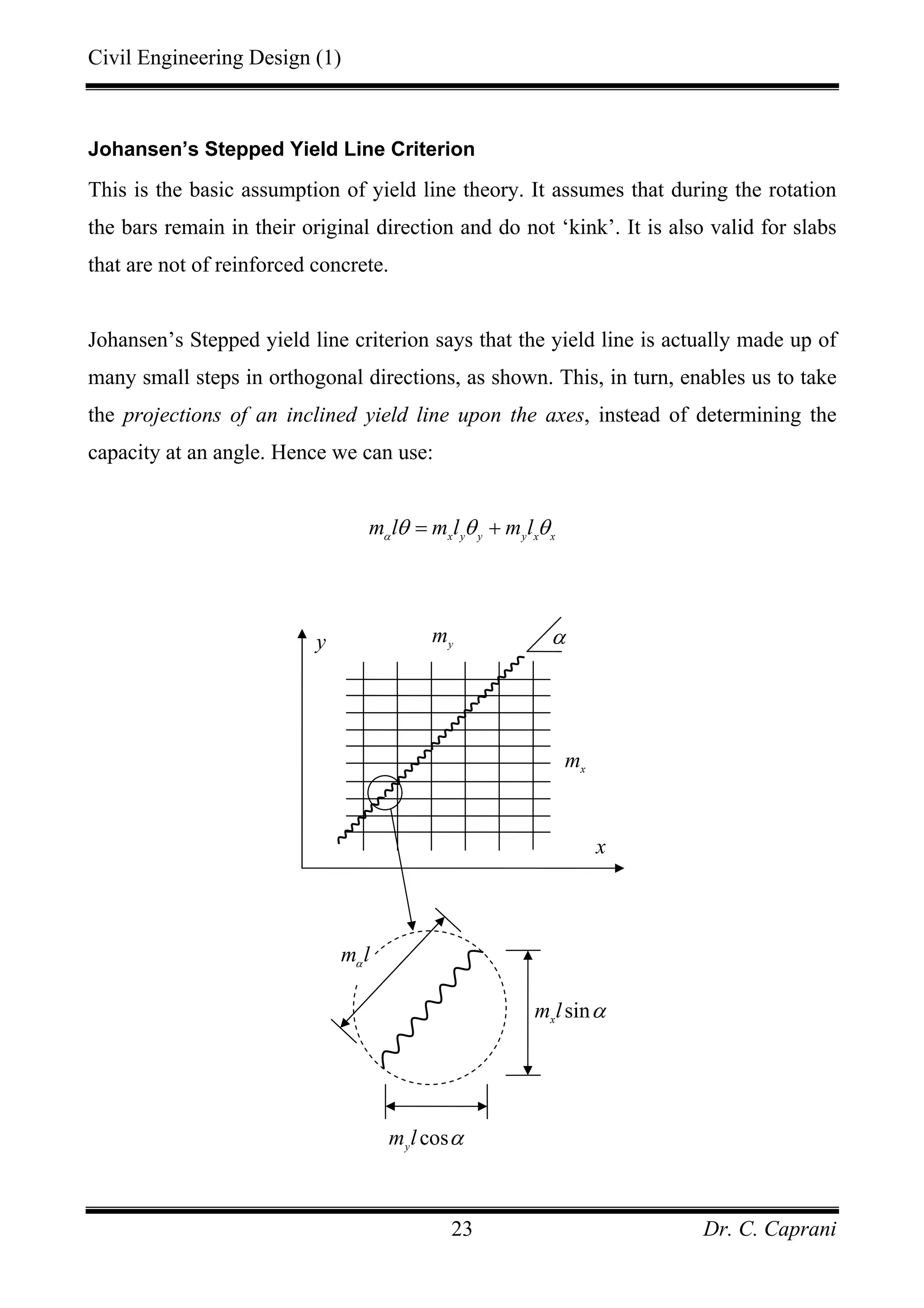 Civil Engineering Design (1)
Dr. C. Caprani23
Johansen’s Stepped Yield Line Criterion
This is the basic assumption of yield line theory. It assumes that during the rotation
the bars remain in their original direction and do not ‘kink’. It is also valid for slabs
that are not of reinforced concrete.
Johansen’s Stepped yield line criterion says that the yield line is actually made up of
many small steps in orthogonal directions, as shown. This, in turn, enables us to take
the projections of an inclined yield line upon the axes, instead of determining the
capacity at an angle. Hence we can use:
x y y y x x
m l m l m lα θ θ θ= +
y
x
y
m
x
m
α
sinx
m l α
m lα
cosy
m l α
 