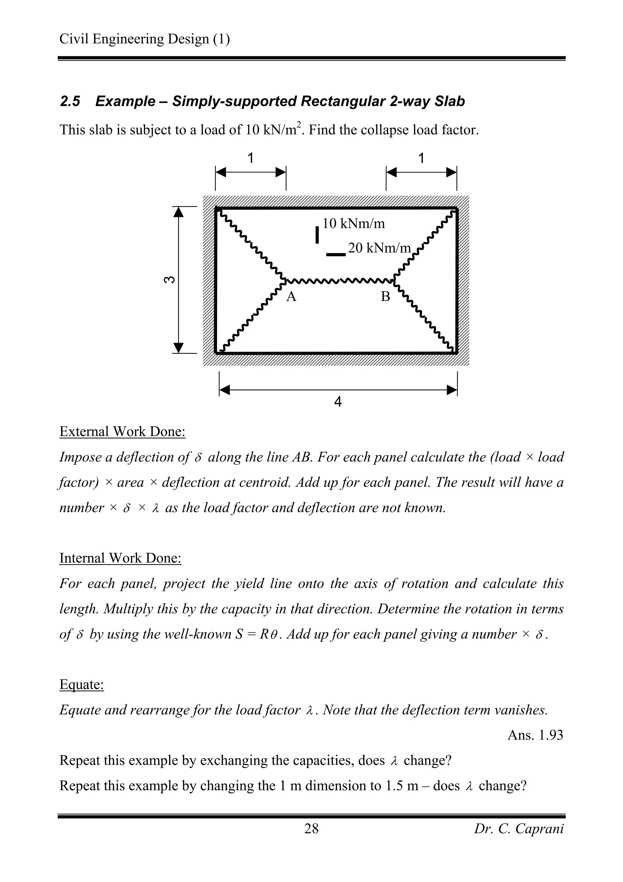 Civil Engineering Design (1)
Dr. C. Caprani28
2.5 Example – Simply-supported Rectangular 2-way Slab
This slab is subject to a load of 10 kN/m2
. Find the collapse load factor.
External Work Done:
Impose a deflection of δ along the line AB. For each panel calculate the (load × load
factor) × area × deflection at centroid. Add up for each panel. The result will have a
number × δ × λ as the load factor and deflection are not known.
Internal Work Done:
For each panel, project the yield line onto the axis of rotation and calculate this
length. Multiply this by the capacity in that direction. Determine the rotation in terms
of δ by using the well-known S = Rθ . Add up for each panel giving a number × δ .
Equate:
Equate and rearrange for the load factor λ . Note that the deflection term vanishes.
Ans. 1.93
Repeat this example by exchanging the capacities, does λ change?
Repeat this example by changing the 1 m dimension to 1.5 m – does λ change?
3
4
1 1
10 kNm/m
20 kNm/m
A B
 