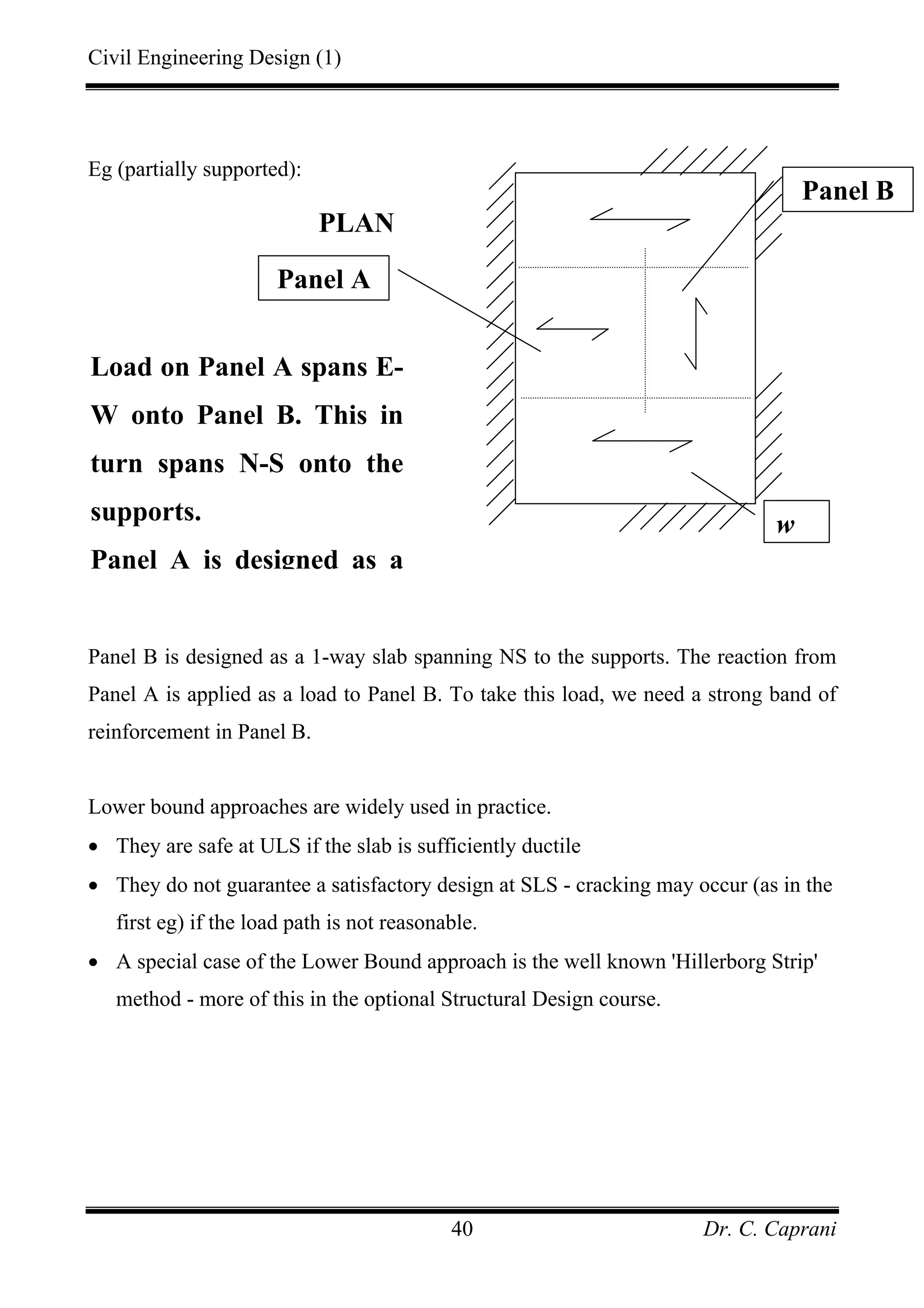 Civil Engineering Design (1)
Dr. C. Caprani40
Eg (partially supported):
Panel B is designed as a 1-way slab spanning NS to the supports. The reaction from
Panel A is applied as a load to Panel B. To take this load, we need a strong band of
reinforcement in Panel B.
Lower bound approaches are widely used in practice.
• They are safe at ULS if the slab is sufficiently ductile
• They do not guarantee a satisfactory design at SLS - cracking may occur (as in the
first eg) if the load path is not reasonable.
• A special case of the Lower Bound approach is the well known 'Hillerborg Strip'
method - more of this in the optional Structural Design course.
Load on Panel A spans E-
W onto Panel B. This in
turn spans N-S onto the
supports.
Panel A is designed as a
PLAN
w
Panel A
Panel B
 