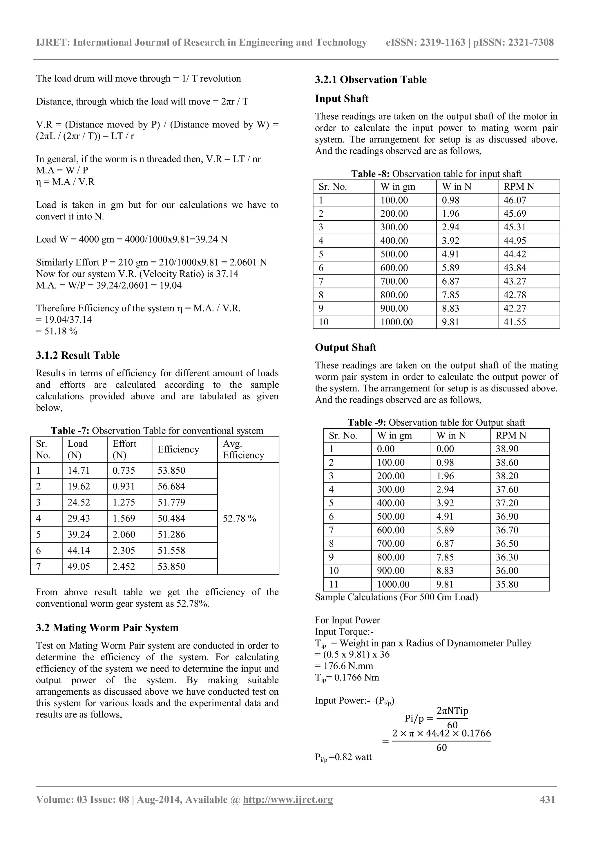 IJRET: International Journal of Research in Engineering and Technology eISSN: 2319-1163 | pISSN: 2321-7308
_______________________________________________________________________________________
Volume: 03 Issue: 08 | Aug-2014, Available @ http://www.ijret.org 431
The load drum will move through = 1/ T revolution
Distance, through which the load will move = 2πr / T
V.R = (Distance moved by P) / (Distance moved by W) =
(2πL / (2πr / T)) = LT / r
In general, if the worm is n threaded then, V.R = LT / nr
M.A = W / P
η = M.A / V.R
Load is taken in gm but for our calculations we have to
convert it into N.
Load W = 4000 gm = 4000/1000x9.81=39.24 N
Similarly Effort P = 210 gm = 210/1000x9.81 = 2.0601 N
Now for our system V.R. (Velocity Ratio) is 37.14
M.A. = W/P = 39.24/2.0601 = 19.04
Therefore Efficiency of the system η = M.A. / V.R.
= 19.04/37.14
= 51.18 %
3.1.2 Result Table
Results in terms of efficiency for different amount of loads
and efforts are calculated according to the sample
calculations provided above and are tabulated as given
below,
Table -7: Observation Table for conventional system
Sr.
No.
Load
(N)
Effort
(N)
Efficiency
Avg.
Efficiency
1 14.71 0.735 53.850
52.78 %
2 19.62 0.931 56.684
3 24.52 1.275 51.779
4 29.43 1.569 50.484
5 39.24 2.060 51.286
6 44.14 2.305 51.558
7 49.05 2.452 53.850
From above result table we get the efficiency of the
conventional worm gear system as 52.78%.
3.2 Mating Worm Pair System
Test on Mating Worm Pair system are conducted in order to
determine the efficiency of the system. For calculating
efficiency of the system we need to determine the input and
output power of the system. By making suitable
arrangements as discussed above we have conducted test on
this system for various loads and the experimental data and
results are as follows,
3.2.1 Observation Table
Input Shaft
These readings are taken on the output shaft of the motor in
order to calculate the input power to mating worm pair
system. The arrangement for setup is as discussed above.
And the readings observed are as follows,
Table -8: Observation table for input shaft
Sr. No. W in gm W in N RPM N
1 100.00 0.98 46.07
2 200.00 1.96 45.69
3 300.00 2.94 45.31
4 400.00 3.92 44.95
5 500.00 4.91 44.42
6 600.00 5.89 43.84
7 700.00 6.87 43.27
8 800.00 7.85 42.78
9 900.00 8.83 42.27
10 1000.00 9.81 41.55
Output Shaft
These readings are taken on the output shaft of the mating
worm pair system in order to calculate the output power of
the system. The arrangement for setup is as discussed above.
And the readings observed are as follows,
Table -9: Observation table for Output shaft
Sr. No. W in gm W in N RPM N
1 0.00 0.00 38.90
2 100.00 0.98 38.60
3 200.00 1.96 38.20
4 300.00 2.94 37.60
5 400.00 3.92 37.20
6 500.00 4.91 36.90
7 600.00 5.89 36.70
8 700.00 6.87 36.50
9 800.00 7.85 36.30
10 900.00 8.83 36.00
11 1000.00 9.81 35.80
Sample Calculations (For 500 Gm Load)
For Input Power
Input Torque:-
Tip = Weight in pan x Radius of Dynamometer Pulley
= (0.5 x 9.81) x 36
= 176.6 N.mm
Tip= 0.1766 Nm
Input Power:- (Pi/p)
Pi/p =
2πNTip
60
=
2 × π × 44.42 × 0.1766
60
Pi/p =0.82 watt
 