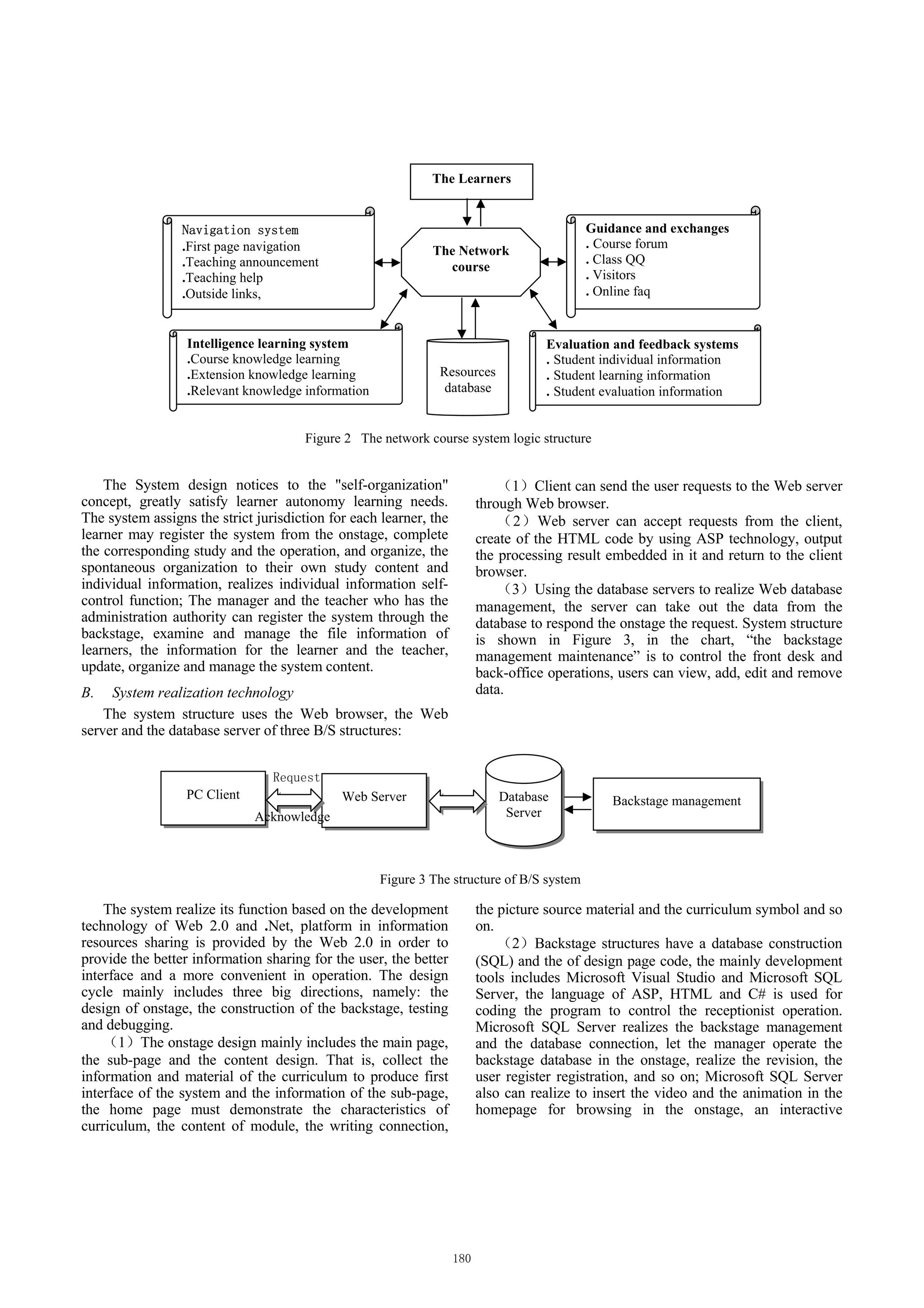 The Learners


                                                                                           Guidance and exchanges
                 .First page navigation                                                    . Course forum
                                                             The Network
                 .Teaching announcement                                                    . Class QQ
                                                               course
                 .Teaching help                                                            . Visitors
                 .Outside links,                                                           . Online faq


                  Intelligence learning system                                   Evaluation and feedback systems
                  .Course knowledge learning                                     . Student individual information
                  .Extension knowledge learning               Resources          . Student learning information
                  .Relevant knowledge information              database          . Student evaluation information


                                       Figure 2 The network course system logic structure


    The System design notices to the "self-organization"                   1 Client can send the user requests to the Web server
concept, greatly satisfy learner autonomy learning needs.            through Web browser.
The system assigns the strict jurisdiction for each learner, the           2 Web server can accept requests from the client,
learner may register the system from the onstage, complete           create of the HTML code by using ASP technology, output
the corresponding study and the operation, and organize, the         the processing result embedded in it and return to the client
spontaneous organization to their own study content and              browser.
individual information, realizes individual information self-              3 Using the database servers to realize Web database
control function; The manager and the teacher who has the            management, the server can take out the data from the
administration authority can register the system through the         database to respond the onstage the request. System structure
backstage, examine and manage the file information of                is shown in Figure 3, in the chart, “the backstage
learners, the information for the learner and the teacher,           management maintenance” is to control the front desk and
update, organize and manage the system content.                      back-office operations, users can view, add, edit and remove
B.   System realization technology                                   data.
    The system structure uses the Web browser, the Web
server and the database server of three B/S structures:



                  PC Client                  Web Server                   Database             Backstage management
                              Acknowledge                                  Server



                                                    Figure 3 The structure of B/S system

    The system realize its function based on the development         the picture source material and the curriculum symbol and so
technology of Web 2.0 and .Net, platform in information              on.
resources sharing is provided by the Web 2.0 in order to                   2 Backstage structures have a database construction
provide the better information sharing for the user, the better      (SQL) and the of design page code, the mainly development
interface and a more convenient in operation. The design             tools includes Microsoft Visual Studio and Microsoft SQL
cycle mainly includes three big directions, namely: the              Server, the language of ASP, HTML and C# is used for
design of onstage, the construction of the backstage, testing        coding the program to control the receptionist operation.
and debugging.                                                       Microsoft SQL Server realizes the backstage management
       1 The onstage design mainly includes the main page,           and the database connection, let the manager operate the
the sub-page and the content design. That is, collect the            backstage database in the onstage, realize the revision, the
information and material of the curriculum to produce first          user register registration, and so on; Microsoft SQL Server
interface of the system and the information of the sub-page,         also can realize to insert the video and the animation in the
the home page must demonstrate the characteristics of                homepage for browsing in the onstage, an interactive
curriculum, the content of module, the writing connection,
 