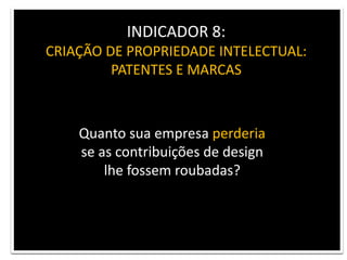 INDICADOR 8: CRIAÇÃO DE PROPRIEDADE INTELECTUAL:PATENTES E MARCASQuanto sua empresa perderia se as contribuições de designlhe fossem roubadas?