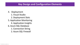 Key Design and Configuration Elements
By: Roy Kim roykim.ca
4. Deployment
1. Visual Studio
2. Deployment Slots
5. Application Monitoring
4. Application Insights
6. Azure SQL Database
1. Connection String
2. Azure SQL Firewall
 
