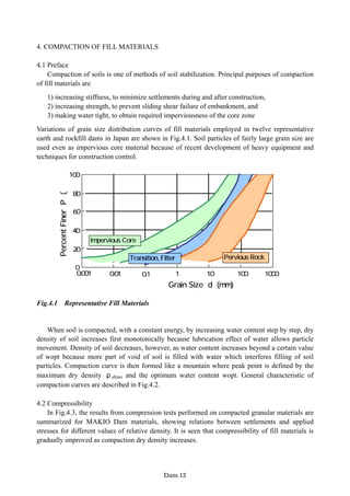 4. COMPACTION OF FILL MATERIALS
4.1 Preface
Compaction of soils is one of methods of soil stabilization. Principal purposes of compaction
of fill materials are
1) increasing stiffness, to minimize settlements during and after construction,
2) increasing strength, to prevent sliding shear failure of embankment, and
3) making water tight, to obtain required imperviousness of the core zone
Variations of grain size distribution curves of fill materials employed in twelve representative
earth and rockfill dams in Japan are shown in Fig.4.1. Soil particles of fairly large grain size are
used even as impervious core material because of recent development of heavy equipment and
techniques for construction control.
60
0
1000
100
Grain Size d (mm)
20
40
80
0.1
100
1 10
0.01
0.001
Percent
Finer
P
(％）
Impervious Core
Pervious Rock
Transition, Filter
Fig.4.1 Representative Fill Materials
When soil is compacted, with a constant energy, by increasing water content step by step, dry
density of soil increases first monotonically because lubrication effect of water allows particle
movement. Density of soil decreases, however, as water content increases beyond a certain value
of wopt because more part of void of soil is filled with water which interferes filling of soil
particles. Compaction curve is then formed like a mountain where peak point is defined by the
maximum dry density ρdmax and the optimum water content wopt. General characteristic of
compaction curves are described in Fig.4.2.
4.2 Compressibility
In Fig.4.3, the results from compression tests performed on compacted granular materials are
summarized for MAKIO Dam materials, showing relations between settlements and applied
stresses for different values of relative density. It is seen that compressibility of fill materials is
gradually improved as compaction dry density increases.
−Dam.12−
 