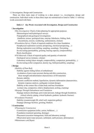 1.3 Investigation, Design and Construction
There are three main steps of working in a dam project: i.e., investigation, design and
construction. Individual works in these three steps are summarized as listed in Table.1.1 with key
words associated with them.
Table.1.1 Key Words Associated with Investigation, Design and Construction
1.Investigation
#Site Investigation: Check of dam planning for appropriate purposes
/Meteorological and hydrological surveys
/Topographical and geological investigations
(landform, terrace, geological time, outcrop, lithofacies, folding, fault,
discontinuity, erosion, weathering, sedimentation, stratum)
#Foundation Survey: Check of required conditions for a base foundation
/Geophysical exploration (seismic prospecting, electrical prospecting, ...)
/Boring exploration (core drilling, sampling, sounding), /Test pitting
/In-situ testing (permeability, grouting, bearing capacity, compressibility)
/Rock classification
#Fill Materials: Check of required quality and quantity of materials
/Geological survey (stratum, volume)
/Laboratory testing (shear strength, compressibility, compaction, permeability,...)
/In-situ testing (roller compaction, density log, field permeability, sampling)
2.Design
#Stability of Dam Body
/Stability against sliding failure of embankment
(evaluation of pore-water pressure during and after construction,
shear strength and deformation characteristics of fill materials)
/Seismic stability
(seismic coefficient method, liquefaction, dynamic deformation characteristics,
dynamic response analysis, earthquake resistant design)
/Stability at the contact face of dam body and base foundation
(contact clay, compaction, relative displacement, arching, cracking)
#Seepage Through Embankment and Foundation
/Seepage analysis (discharge, pore-water pressure, leakage through foundation,
critical velocity, piping, critical hydraulic gradient, hydraulic fracture)
#Foundation Treatment
/Stability (counterweight fill, relief well, inspection gallery)
/Seepage (drainage facilities, grouting, blanket)
3.Construction
#Planning for Construction
/Construction equipment (roller, carrier, bulldozer, ...)
/Foundation treatment (grouting, drainage)
/Placement (execution management, field and laboratory testing)
/Observation (pore-water pressure, settlement, earth pressure, deformation)
#Maintenance and Repair
−Dam.3−
 
