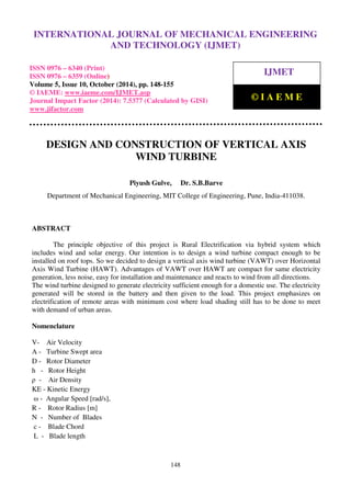 Design and construction of vertical axis wind turbine | PDF