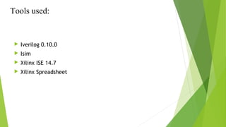 Tools used:
 Iverilog 0.10.0
 Isim
 Xilinx ISE 14.7
 Xilinx Spreadsheet
 