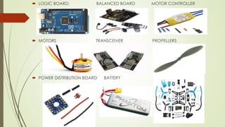  LOGIC BOARD: BALANCED BOARD MOTOR CONTROLLER
 MOTORS TRANSCEIVER PROPELLERS
 POWER DISTRIBUTION BOARD BATTERY
 