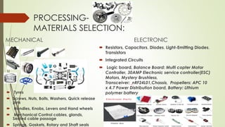 PROCESSING-
MATERIALS SELECTION:
MECHANICAL
 Tyres
 Screws, Nuts, Bolts, Washers, Quick release
pins
 Handles, Knobs, Levers and Hand wheels
 Mechanical Control cables, glands,
Sealed cable passage
 Springs, Gaskets, Rotary and Shaft seals
ELECTRONIC
 Resistors, Capacitors, Diodes, Light-Emitting Diodes,
Transistors
 Integrated Circuits
 Logic board, Balance Board: Multi copter Motor
Controller, 30AMP Electronic service controller(ESC)
Motors, Mystery Brushless,
Transceiver: nRF24L01,Chassis, Propellers: APC 10
x 4.7 Power Distribution board, Battery: Lithium
polymer battery
 