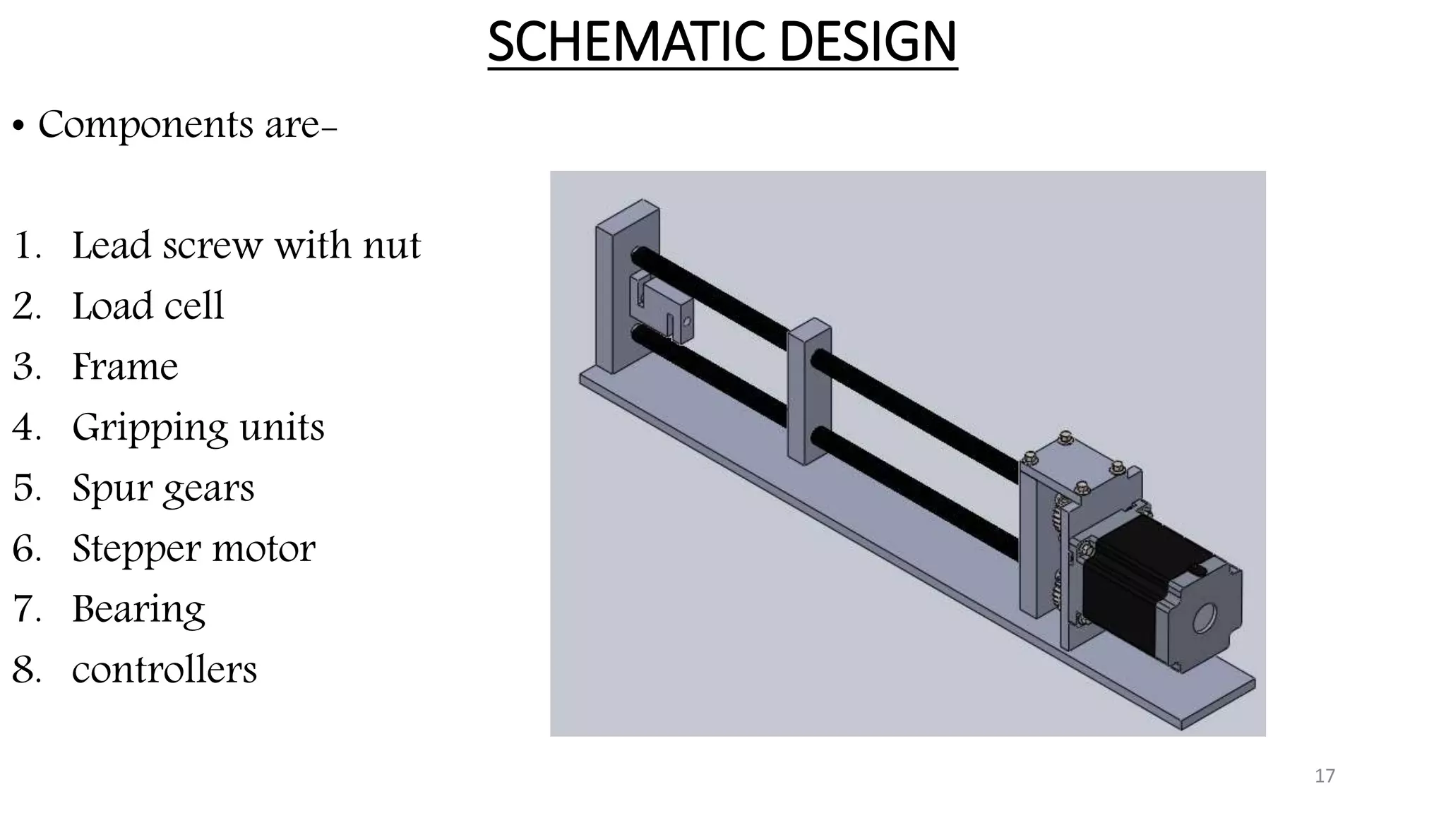 SCHEMATIC DESIGN
• Components are-
1. Lead screw with nut
2. Load cell
3. Frame
4. Gripping units
5. Spur gears
6. Stepper motor
7. Bearing
8. controllers
17
 