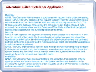 Adventure Builder Reference Application
Reliability
QAS4. The Consumer Web site sent a purchase order request to the order processing
center (OPC). The OPC processed that request but didn’t reply to Consumer Web site
within five seconds, so the Consumer Web site resends the request to the OPC. The
OPC receives the duplicate request, but the consumer is not double-charged, data
remains in a consistent state, and the Consumer Web site is notified that the original
request was successful in one hundred percent of the times.
Security
QAS5. Credit approval and payment processing are requested for a new order. In one
hundred percent of the cases, the transaction is completed securely and cannot be
repudiated by either party. The business goals are to provide customers and business
partners confidence in security and to meet contractual, legal, and regulatory obligations
for secure credit transactions.
QAS6. The OPC experiences a flood of calls through the Web Service Broker endpoint
that do not correspond to any current orders. In one hundred percent of the times, the
system detects the abnormal level of activity, notifies the system administrator, and
continues to service requests in a degraded mode.
Availability
QAS7. The Consumer Web site is available to the user 24x7. If an instance of OPC
application fails, the fault is detected and the system administrator is notified in 30
seconds; the system continues taking order requests; another OPC instance is created;
and data remains in consistent state.
Reliability
QAS4. The Consumer Web site sent a purchase order request to the order processing
center (OPC). The OPC processed that request but didn’t reply to Consumer Web site
within five seconds, so the Consumer Web site resends the request to the OPC. The
OPC receives the duplicate request, but the consumer is not double-charged, data
remains in a consistent state, and the Consumer Web site is notified that the original
request was successful in one hundred percent of the times.
Security
QAS5. Credit approval and payment processing are requested for a new order. In one
hundred percent of the cases, the transaction is completed securely and cannot be
repudiated by either party. The business goals are to provide customers and business
partners confidence in security and to meet contractual, legal, and regulatory obligations
for secure credit transactions.
QAS6. The OPC experiences a flood of calls through the Web Service Broker endpoint
that do not correspond to any current orders. In one hundred percent of the times, the
system detects the abnormal level of activity, notifies the system administrator, and
continues to service requests in a degraded mode.
Availability
QAS7. The Consumer Web site is available to the user 24x7. If an instance of OPC
application fails, the fault is detected and the system administrator is notified in 30
seconds; the system continues taking order requests; another OPC instance is created;
and data remains in consistent state.
 