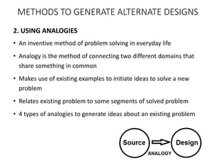 2. USING ANALOGIES
• An inventive method of problem solving in everyday life
• Analogy is the method of connecting two different domains that
share something in common
• Makes use of existing examples to initiate ideas to solve a new
problem
• Relates existing problem to some segments of solved problem
• 4 types of analogies to generate ideas about an existing problem
METHODS TO GENERATE ALTERNATE DESIGNS
 