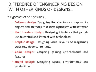 DIFFERENCE OF ENGINEERING DESIGN
WITH OTHER KINDS OF DESIGNS…
• Types of other designs…
• Software design: Designing the structures, components,
objects and methods that solve a problem with software
• User Interface design: Designing interfaces that people
use to control and interact with technology.
• Graphic design: Designing visual layouts of magazines,
websites, video content etc.
• Game design: Designing gaming environments and
features
• Sound design: Designing sound environments and
productions
 