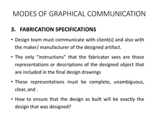 MODES OF GRAPHICAL COMMUNICATION
3. FABRICATION SPECIFICATIONS
• Design team must communicate with client(s) and also with
the maker/ manufacturer of the designed artifact.
• The only “instructions” that the fabricator sees are those
representations or descriptions of the designed object that
are included in the final design drawings
• These representations must be complete, unambiguous,
clear, and .
• How to ensure that the design as built will be exactly the
design that was designed?
 