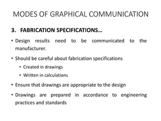 MODES OF GRAPHICAL COMMUNICATION
3. FABRICATION SPECIFICATIONS…
• Design results need to be communicated to the
manufacturer.
• Should be careful about fabrication specifications
• Created in drawings
• Written in calculations
• Ensure that drawings are appropriate to the design
• Drawings are prepared in accordance to engineering
practices and standards
 