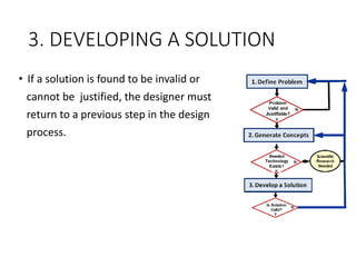 • If a solution is found to be invalid or
cannot be justified, the designer must
return to a previous step in the design
process.
3. DEVELOPING A SOLUTION
 