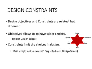 DESIGN CONSTRAINTS
• Design objectives and Constraints are related, but
different.
• Objectives allows us to have wider choices.
(Wider Design Space)
• Constraints limit the choices in design.
• (Drill weight not to exceed 1.5kg - Reduced Design Space)
• Can one think of an example - satellites?
 