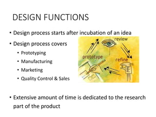 DESIGN FUNCTIONS
• Design process starts after incubation of an idea
• Design process covers
• Prototyping
• Manufacturing
• Marketing
• Quality Control & Sales
• Extensive amount of time is dedicated to the research
part of the product
 