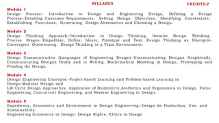 Module 1
Design Process:- Introduction to Design and Engineering Design, Defining a Design
Process-:Detailing Customer Requirements, Setting Design Objectives, Identifying Constraints,
Establishing Functions, Generating Design Alternatives and Choosing a Design.
Module 2
Design Thinking Approach:-Introduction to Design Thinking, Iterative Design Thinking
Process Stages: Empathize, Define, Ideate, Prototype and Test. Design Thinking as Divergent-
Convergent Questioning. Design Thinking in a Team Environment.
Module 3
Design Communication (Languages of Engineering Design):-Communicating Designs Graphically,
Communicating Designs Orally and in Writing. Mathematical Modeling In Design, Prototyping and
Proofing the Design.
Module 4
Design Engineering Concepts:-Project-based Learning and Problem-based Learning in
Design.Modular Design and
Life Cycle Design Approaches. Application of Biomimicry,Aesthetics and Ergonomics in Design. Value
Engineering, Concurrent Engineering, and Reverse Engineering in Design.
Module 5
Expediency, Economics and Environment in Design Engineering:-Design for Production, Use, and
Sustainability.
Engineering Economics in Design. Design Rights. Ethics in Design
SYLLABUS CREDITS:2
 