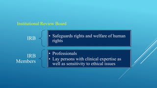 IRB • Safeguards rights and welfare of human
rights
IRB
Members
• Professionals
• Lay persons with clinical expertise as
well as sensitivity to ethical issues
Institutional Review Board
 