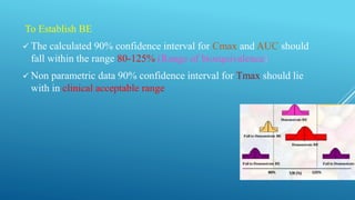 To Establish BE
 The calculated 90% confidence interval for Cmax and AUC should
fall within the range 80-125% (Range of bioequivalence)
 Non parametric data 90% confidence interval for Tmax should lie
with in clinical acceptable range
 