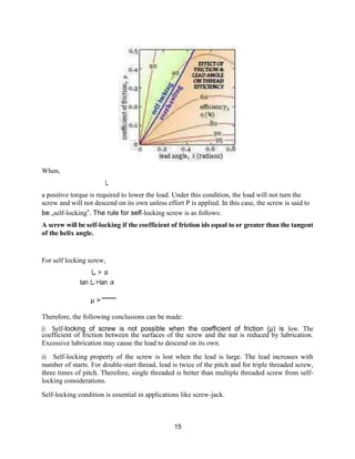 15
When,
し
a positive torque is required to lower the load. Under this condition, the load will not turn the
screw and will not descend on its own unless effort P is applied. In this case, the screw is said to
be „self-locking‟. The rule for self-locking screw is as follows:
A screw will be self-locking if the coefficient of friction ids equal to or greater than the tangent
of the helix angle.
For self locking screw,
し > α
tan し>tan α
μ >
Therefore, the following conclusions can be made:
(i) Self-locking of screw is not possible when the coefficient of friction (μ) is low. The
coefficient of friction between the surfaces of the screw and the nut is reduced by lubrication.
Excessive lubrication may cause the load to descend on its own.
(ii) Self-locking property of the screw is lost when the lead is large. The lead increases with
number of starts. For double-start thread, lead is twice of the pitch and for triple threaded screw,
three times of pitch. Therefore, single threaded is better than multiple threaded screw from self-
locking considerations.
Self-locking condition is essential in applications like screw-jack.
 