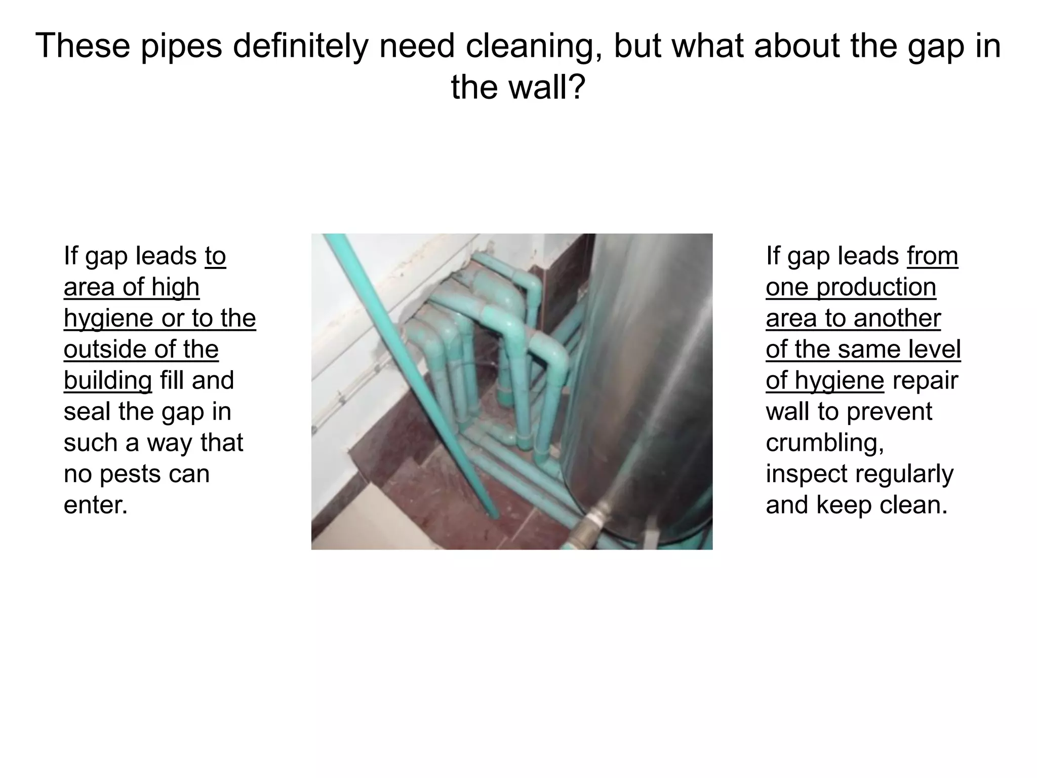 These pipes definitely need cleaning, but what about the gap in
the wall?
If gap leads to
area of high
hygiene or to the
outside of the
building fill and
seal the gap in
such a way that
no pests can
enter.
If gap leads from
one production
area to another
of the same level
of hygiene repair
wall to prevent
crumbling,
inspect regularly
and keep clean.
 