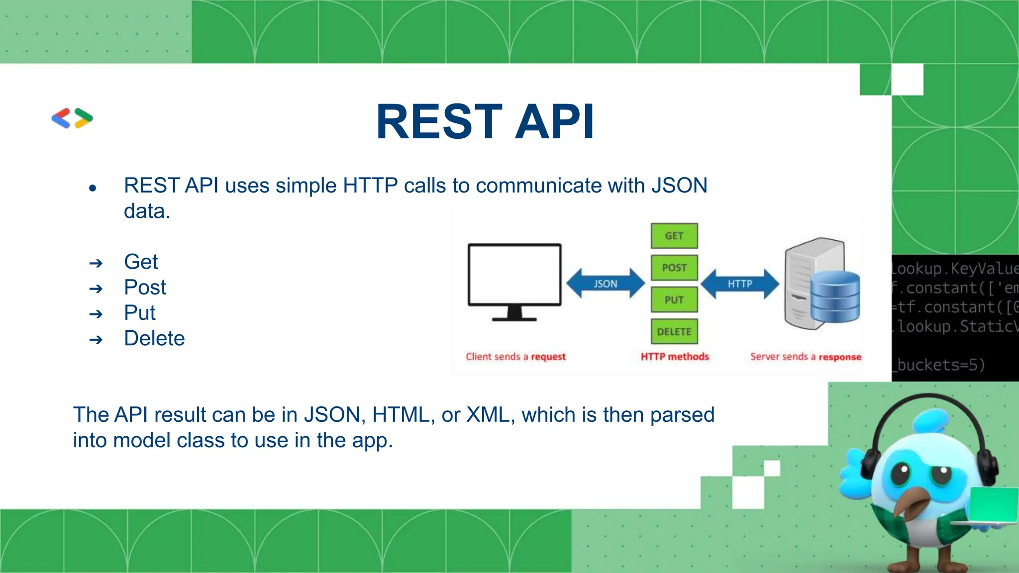 REST API
● REST API uses simple HTTP calls to communicate with JSON
data.
➔ Get
➔ Post
➔ Put
➔ Delete
The API result can be in JSON, HTML, or XML, which is then parsed
into model class to use in the app.
 