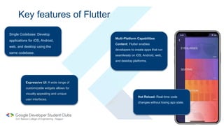 Key features of Flutter
Single Codebase: Develop
applications for iOS, Android,
web, and desktop using the
same codebase.
Expressive UI: A wide range of
customizable widgets allows for
visually appealing and unique
user interfaces.
Hot Reload: Real-time code
changes without losing app state.
Multi-Platform Capabilities
Content: Flutter enables
developers to create apps that run
seamlessly on iOS, Android, web,
and desktop platforms.
 